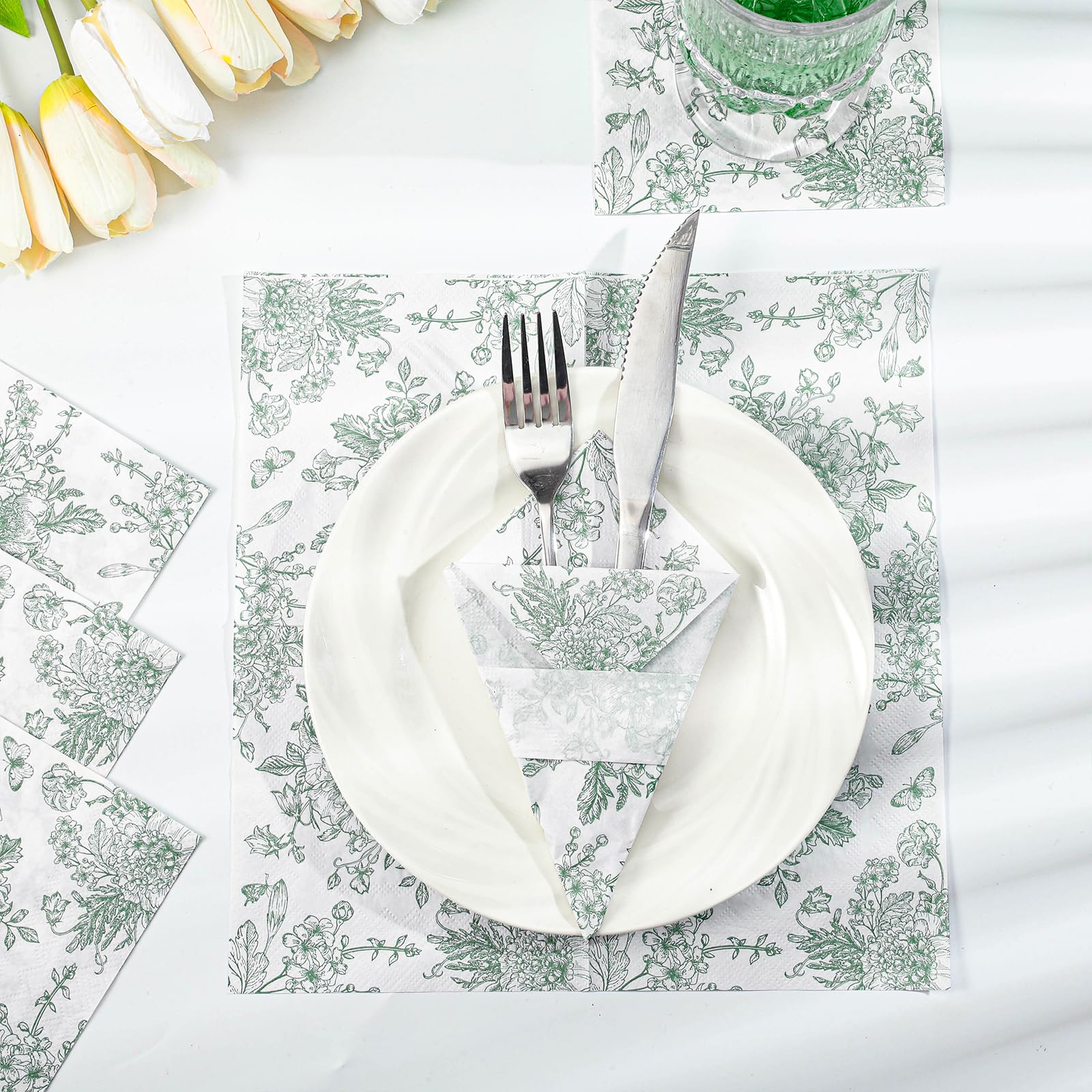 NatNarr 100 servilletas florales verde salvia, servilletas de Toile verde y blanco, diseño vintage de flores y mariposas, servilletas de decoupage para novia, baby shower, boda, fiesta de té, 5 x 5