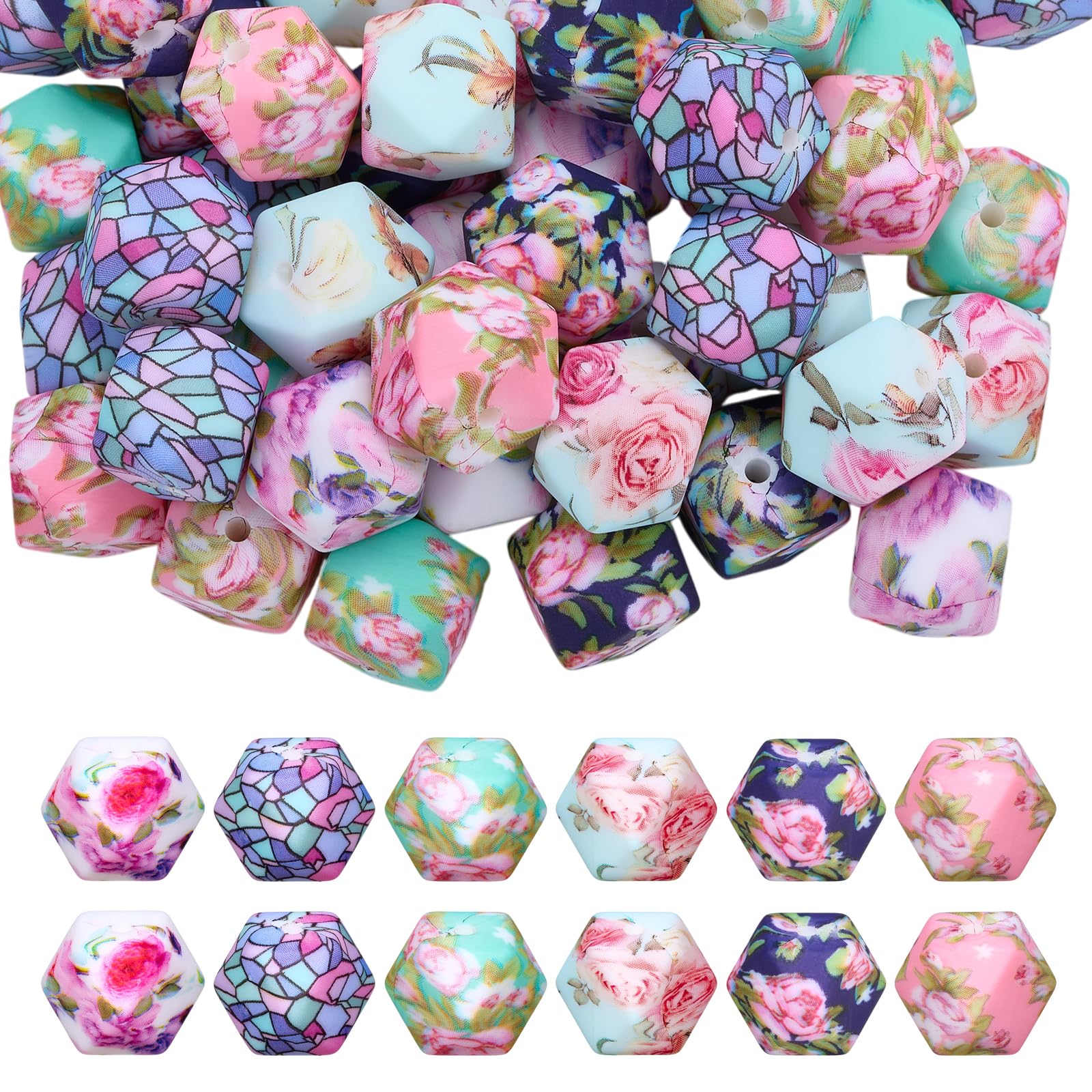 HUAAPLEVLA Flower Silicone Beads for Keychain Making, Hexagon Print, 54 Pcs