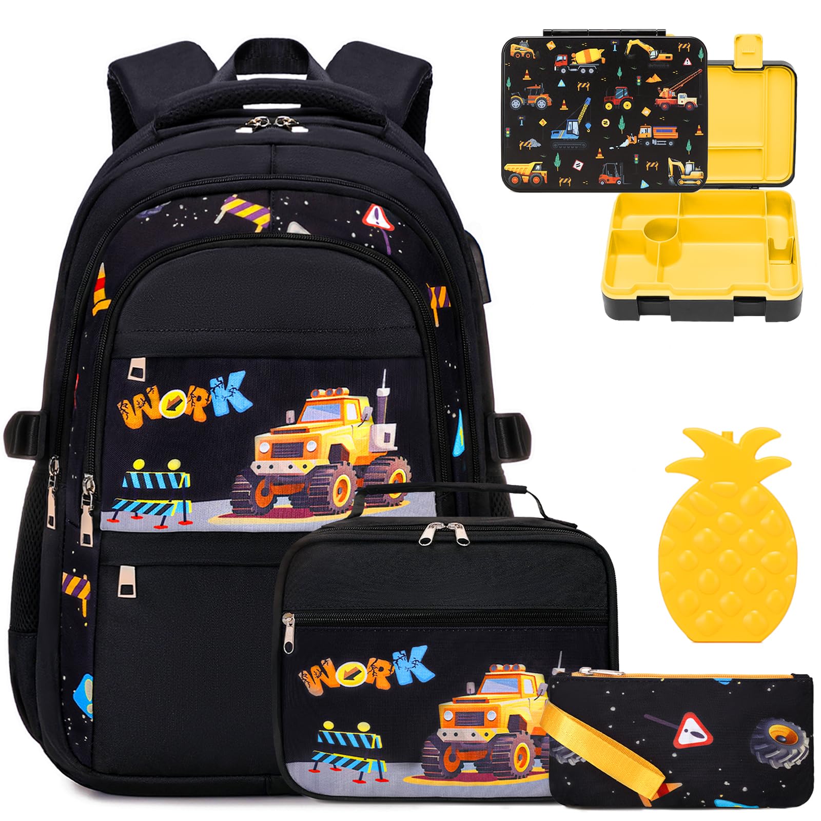 ACESAKBoys Backpack - Car Bento Box with Insulated Lunch Bag Pencil Case Utensils Set for Kids, 6 Leakproof Compartments Removable Tray Lunches or Snack Container
