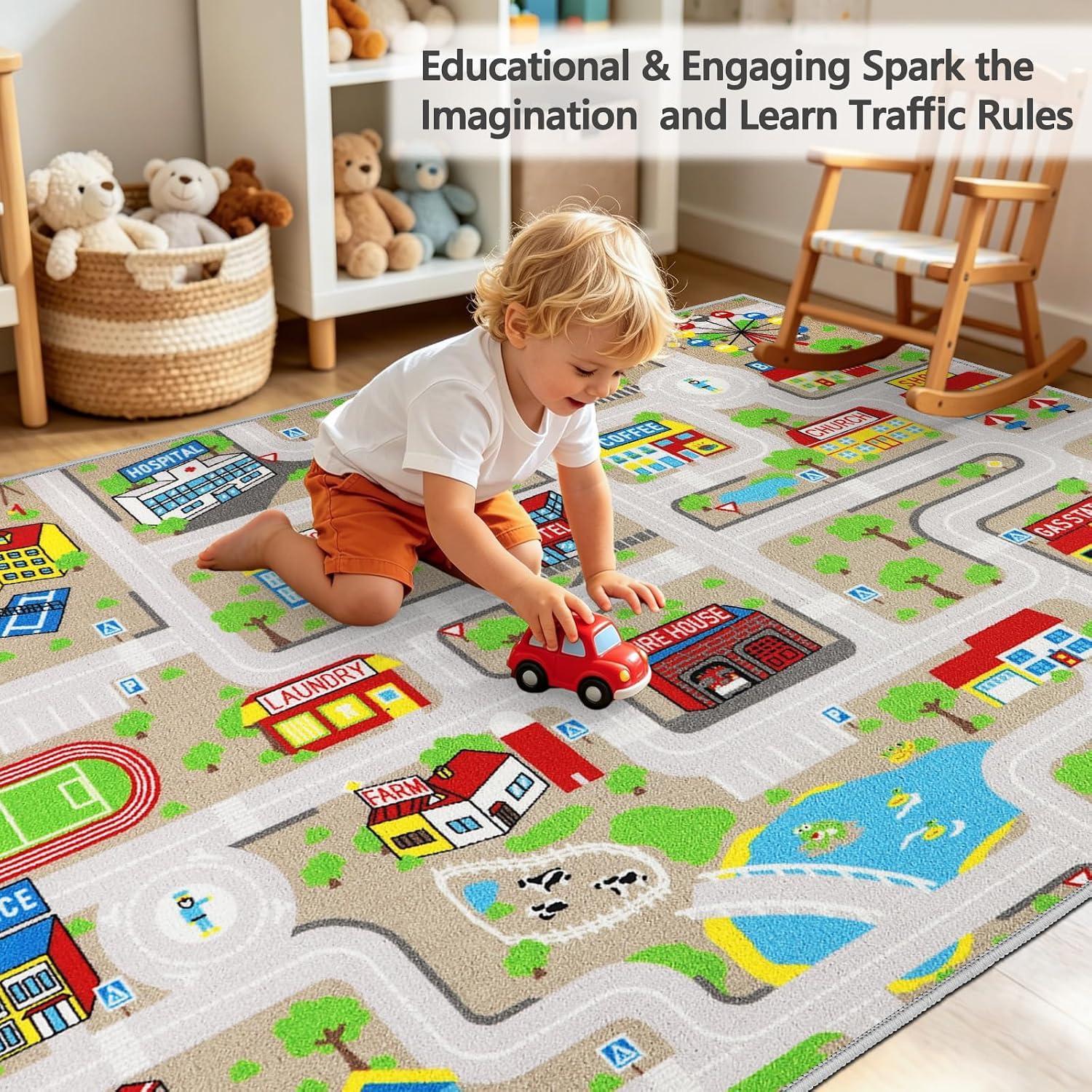 Kids Carpet Playmat Rug 5'0''x6'6'', Kids Rugs for Bedroom, Non-Slip Town City Road Map Car Rugs for Kids Toy Cars, Track Carpet Play Rug for Playroom Classroom Decor (Tan) image 2