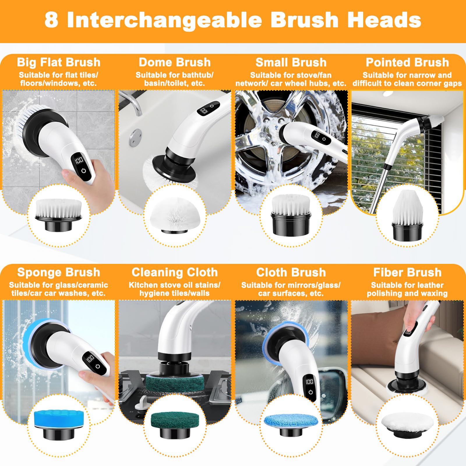 Brosse Rotative Nettoyage Electrique avec 8 Têtes Remplaçables, Brosse sans Fil Poignée Réglable 2 Vitesses, Brosse Douche pour Salle Bain, Sol, Cuisine, Carrelage, Baignoire, Voiture (Blanc)
