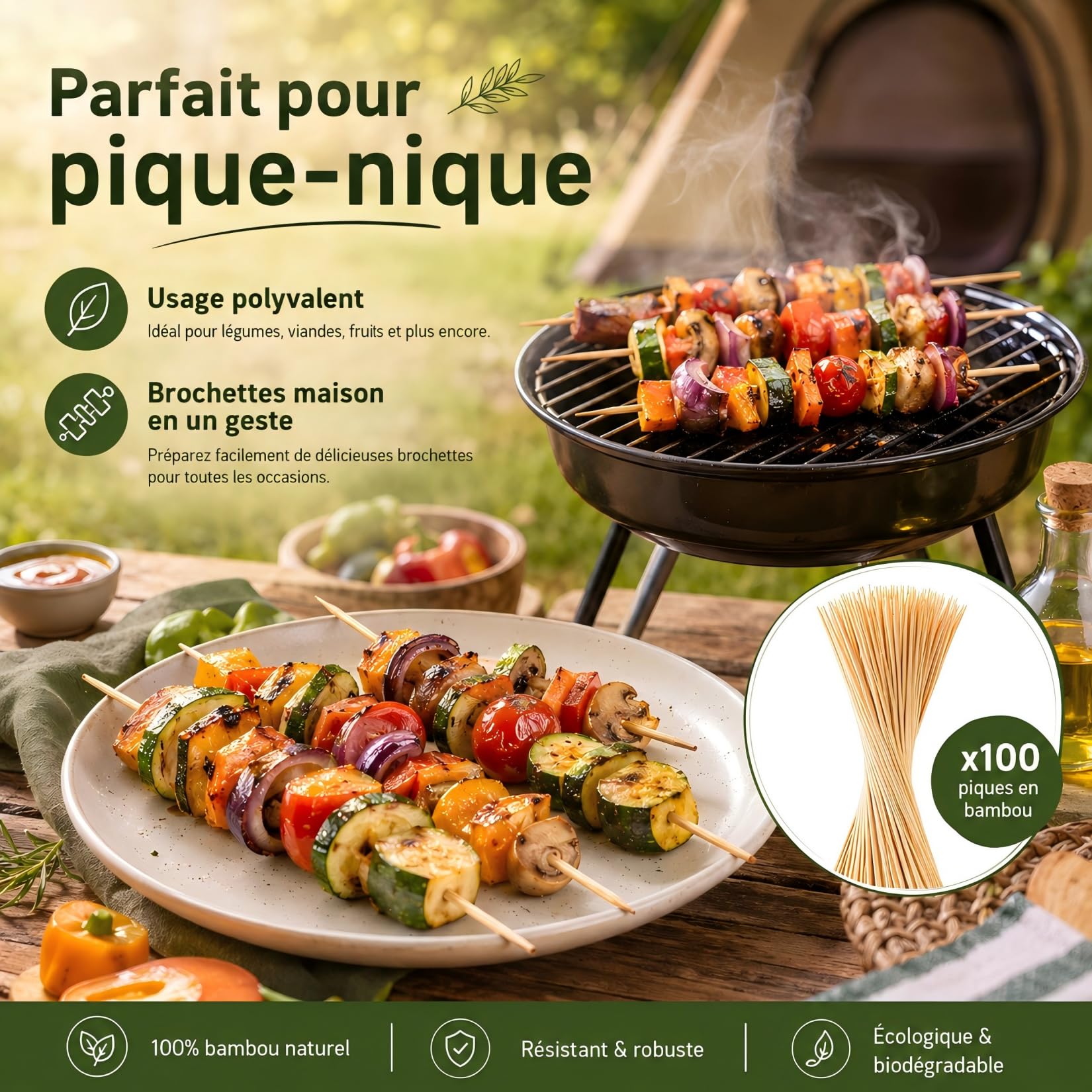 Lot de 100 Pics à Brochettes en Bois 3.5mm x 15cm pour Barbecue, Grillades, Fruits et Légumes