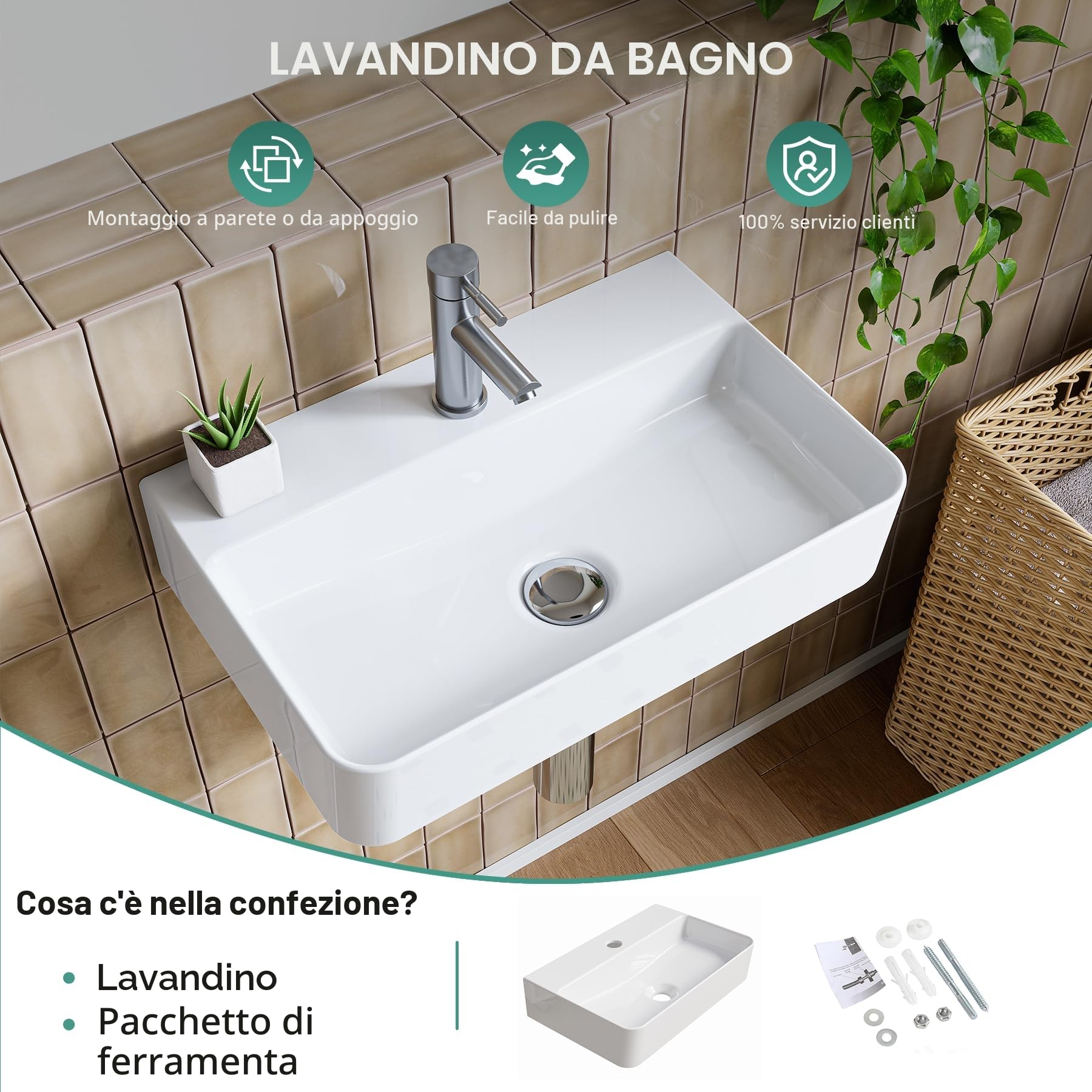 HOROW Lavabo a parete sospeso in ceramica bianco, rettangolare, 46 x 30 cm, lavandino con foro per rubinetto senza troppopieno, piccolo lavandino per ospiti | Lavabo sospeso, rettangolare, con foro per rubinetto senza troppopieno, 46 x 30 cm