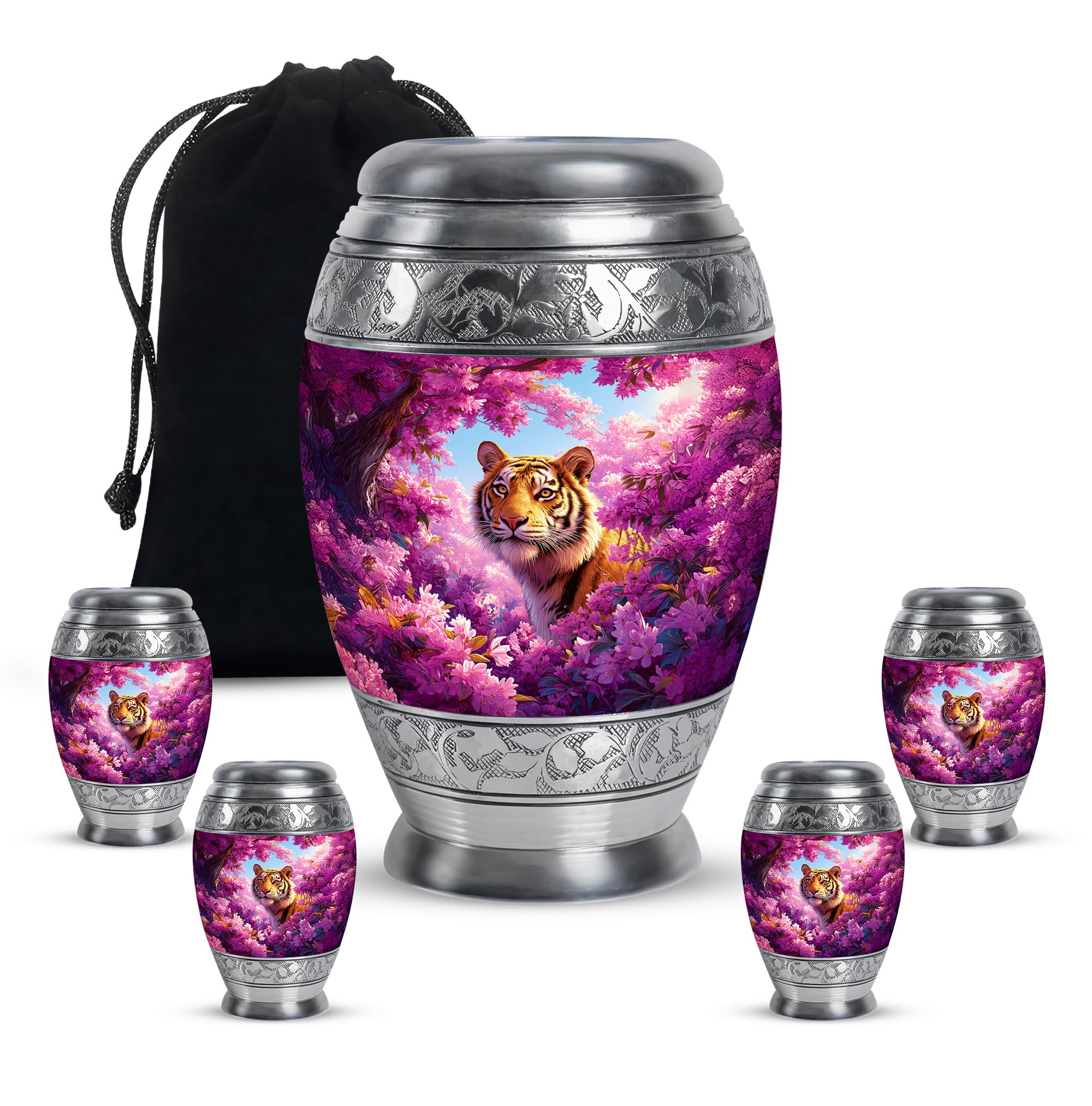 Tiger and Flower Cremation Memorial Urn for Ashes, Aluminium Urns, Urn for Burial for Mom and Dad, Urns for Funeral, 10 Inch Tall and 3 Inch Keepsakes, Set of 4, Blue and Pink