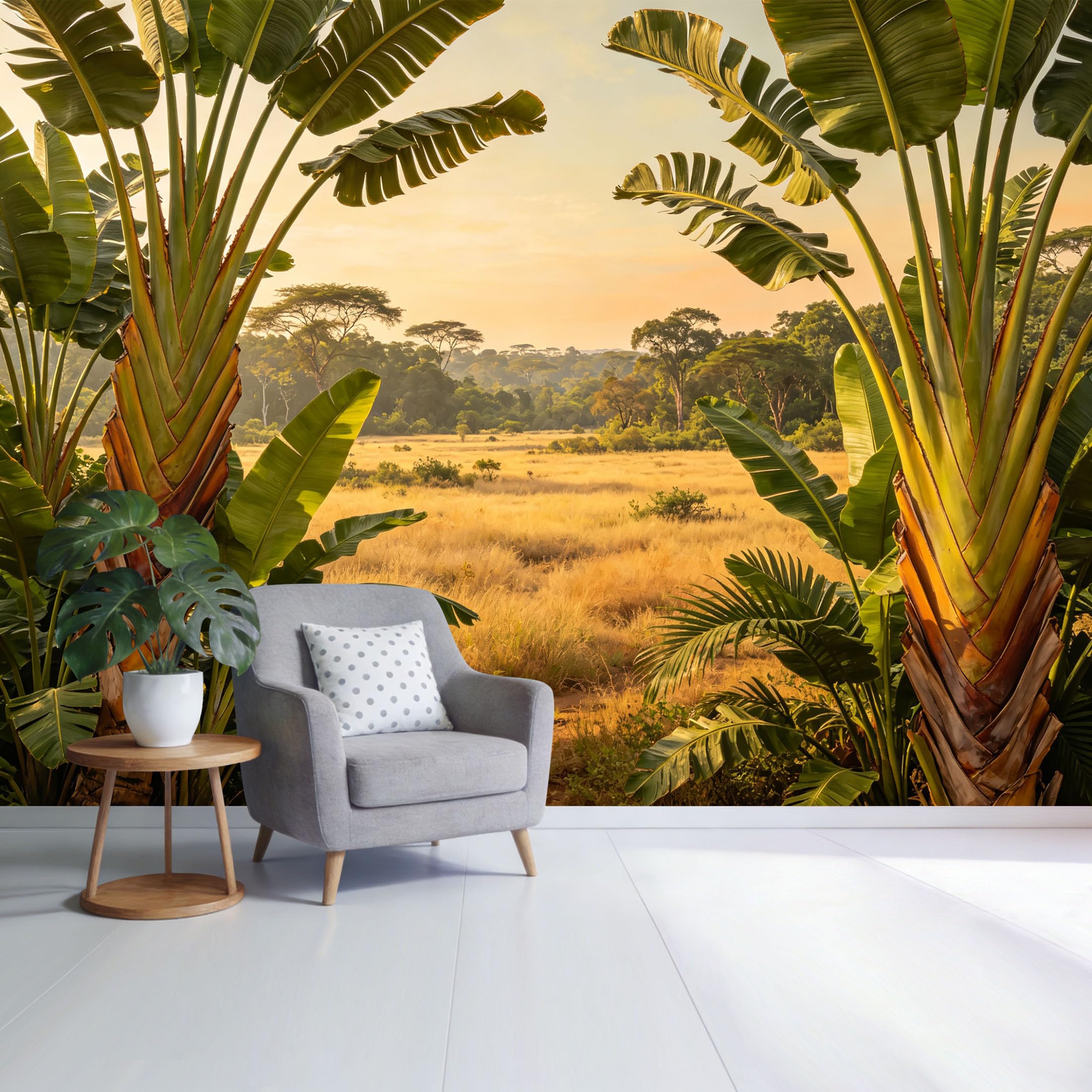 Custom Size Wall Mural Tropical Savannah Landscape Palm Leaves Sunrise View SelfAdhesive Wall Fabric Removable Wallpaper for Home Office Decor