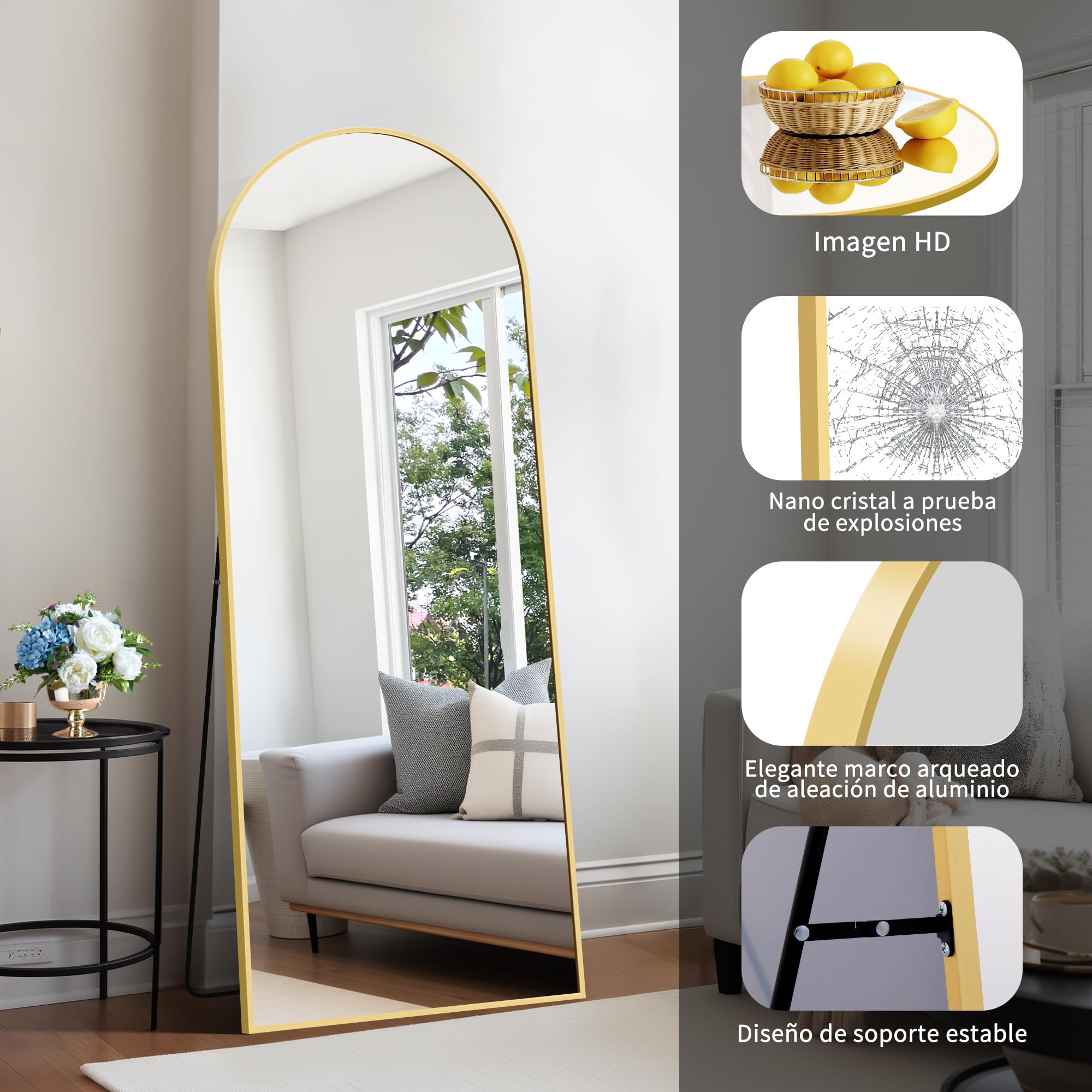 KOCUUY ARC Espejo de Cuerpo Entero, 161 x 52 cm Oro Espejo de pie Grande para Colgar, de pie, Apoyado Espejo de Pared Grande con Marco de Metal para SalóN, Dormitorio, Pasillo