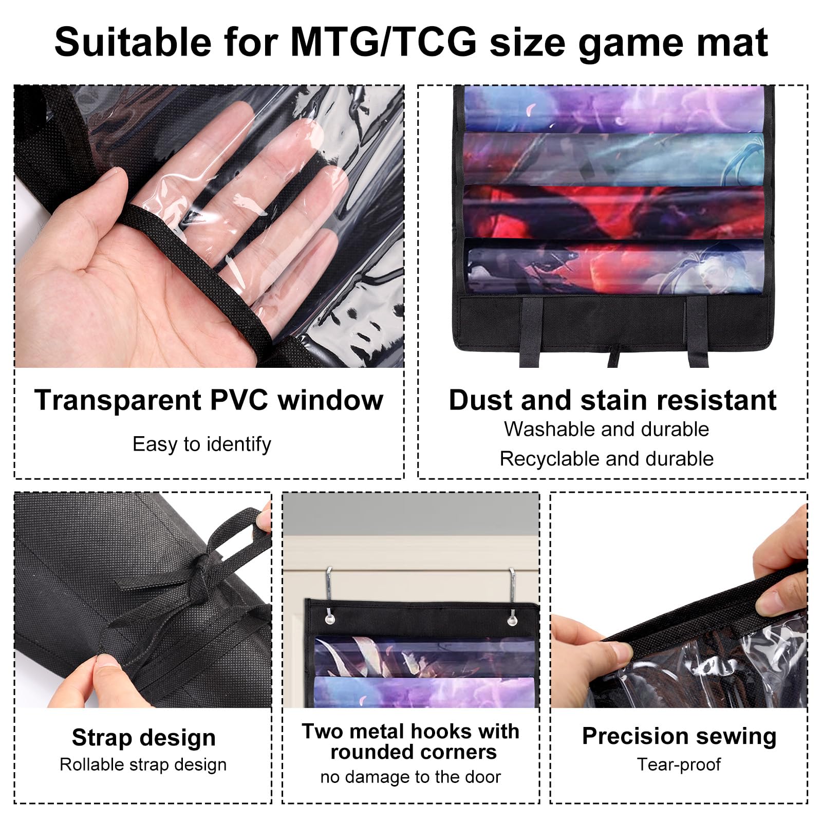 Uchwyt Gry Matę do MTG/TCG/RPG, Przenośna Tuba Przechowywania Mat Mieści 12+1 Mat do Gry i Ma Przezroczyste Przegródki z 2szt Haczykami Wiszący Organizer Akcesoria(Czarny)