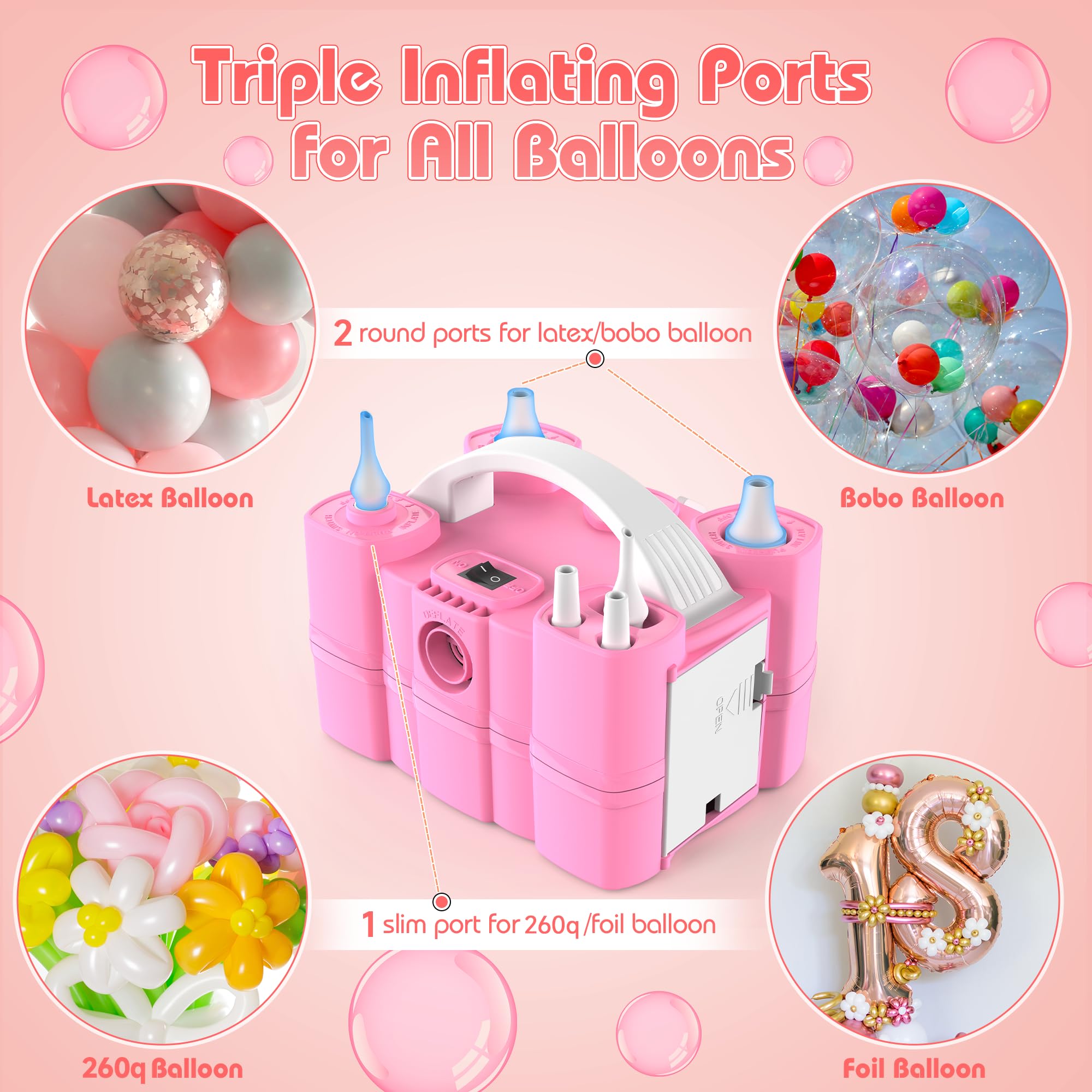 Bomba de globos, puertos de inflado triples para globos de látex de aluminio de 260 q, bomba de aire eléctrica 3 en 1 para inflables y globos, desinflador para anillos de natación, colchón de aire