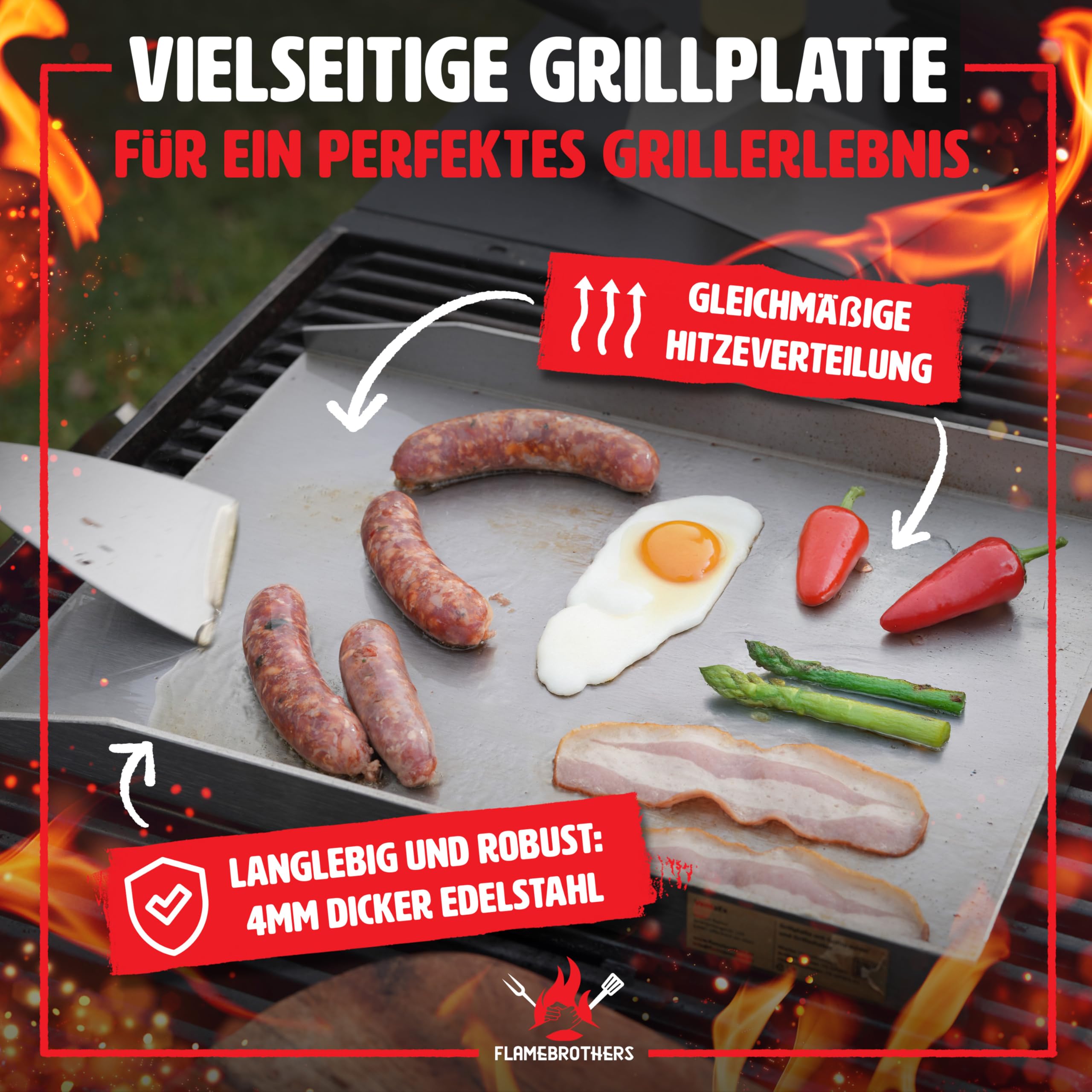 Plancha Grillplatte - All In Grillzubehör Set mit Grillspachtel & Grillschaber - 4mm rostfreier Edelstahl [40 x 30cm] - Grill Platte für Gas- & Kohlegrill - auslaufsichere Ecken für sauberen Grill