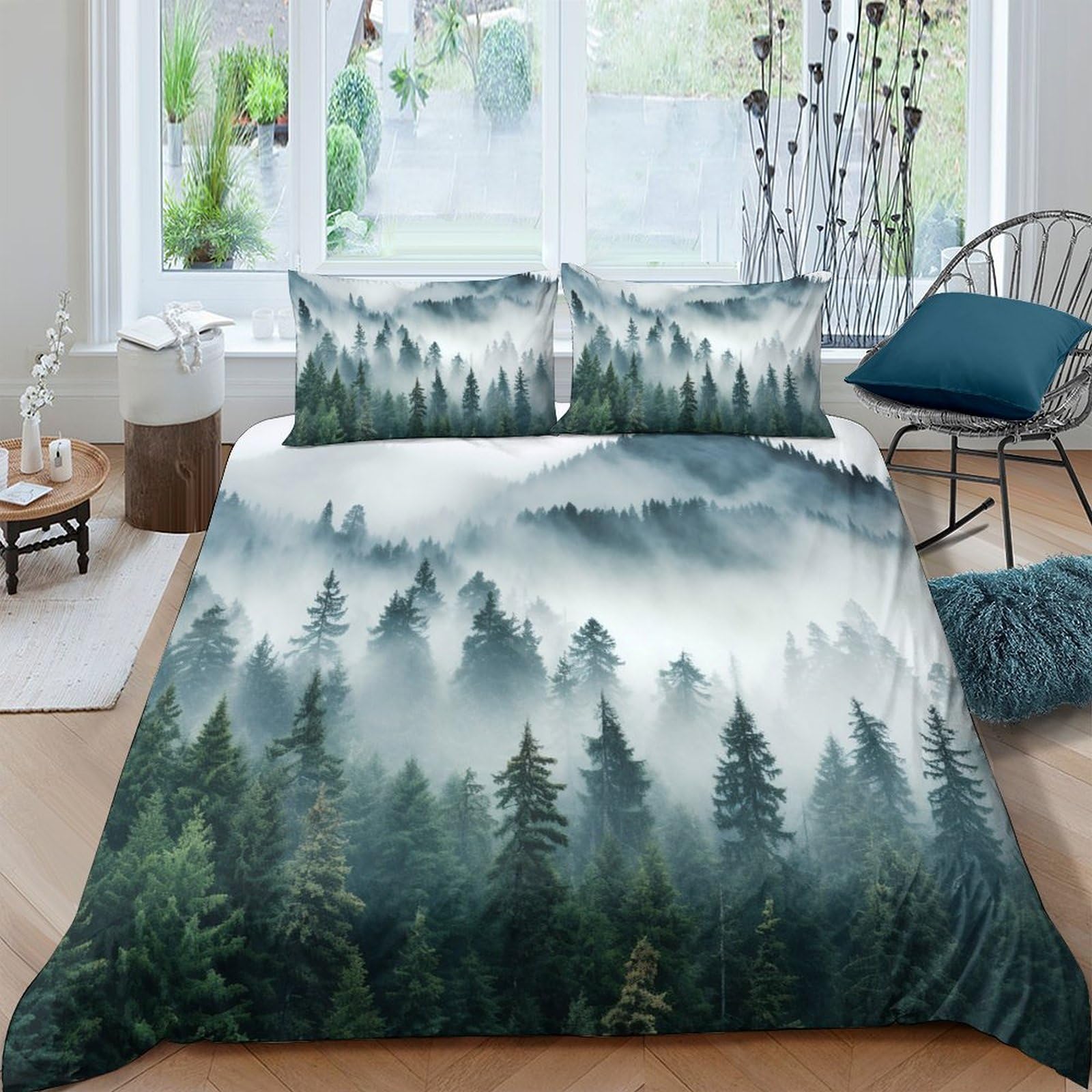 GPLZQXKJNH 3D Printed Misty Forest Duvet Cover Microfiber Soft Woodland Mountain Bedding Set with 2 Pillowcases for Bedroom Home Décor Single（135x200cm）