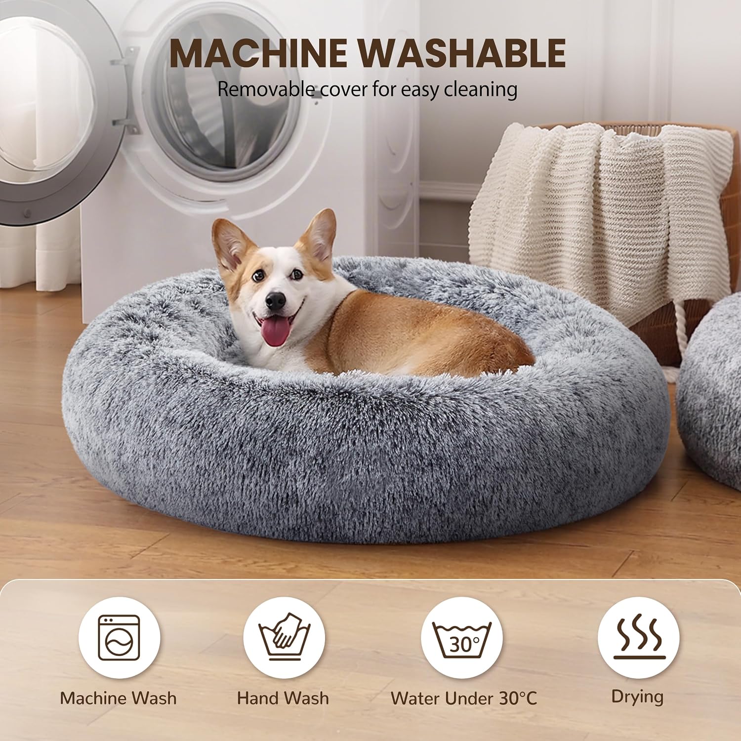 Donut Dog Bed Medium Size Dog 36 Inch, Round Cat Beds for Small Medium Dogs and Cats with Washable Fluffy Faux Fur, Cute Comfort Pet Bed with Anti-Slip Bottom, Grey