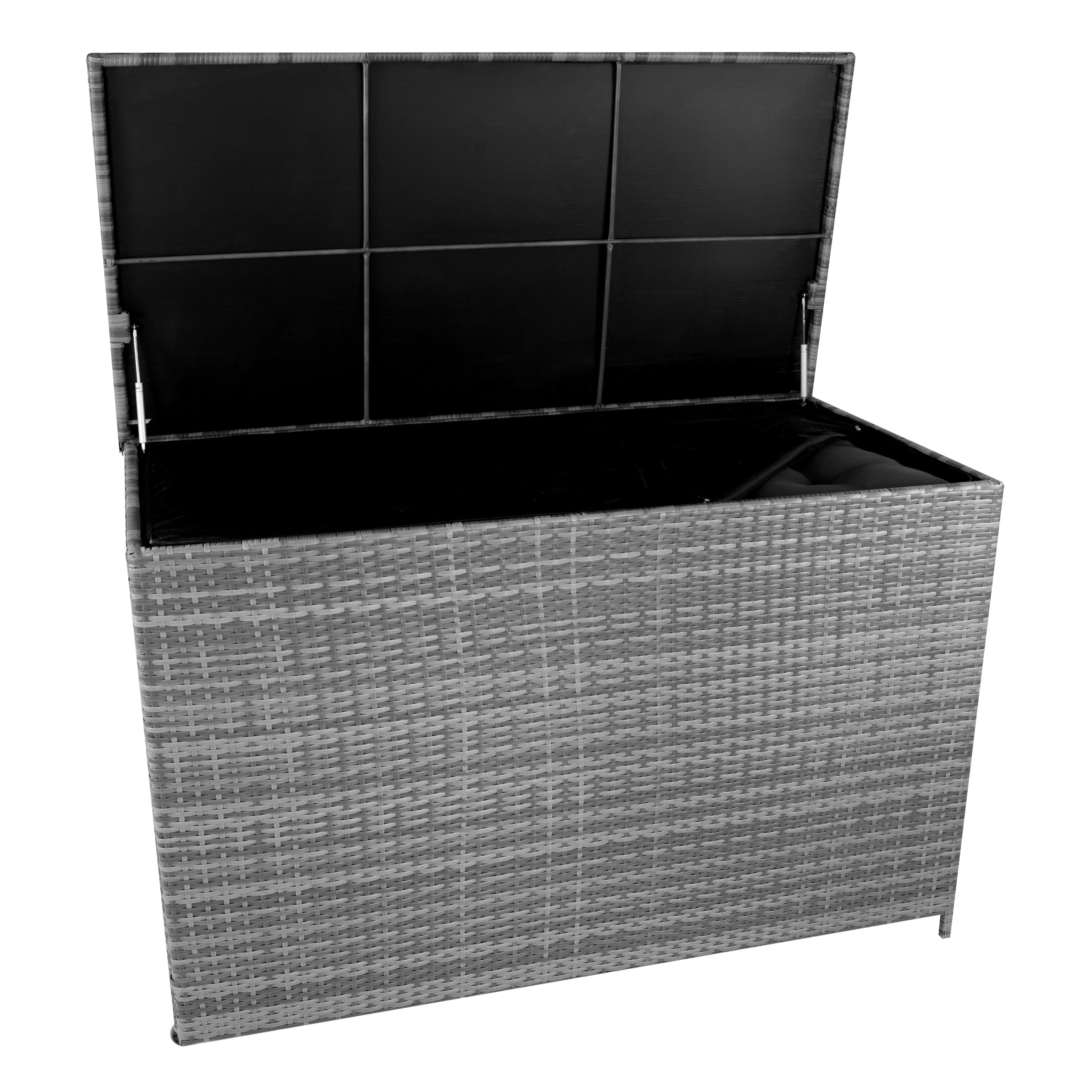 Box Contenitore Rattan Giardino 996L Grigio Rivestimento Impermeabile con Zip Baule Grande per Cuscini Coperte Attrezzi Giochi Telaio Acciaio Resistente Agenti Atmosferici Coperchio Pistoni Gas Ruote