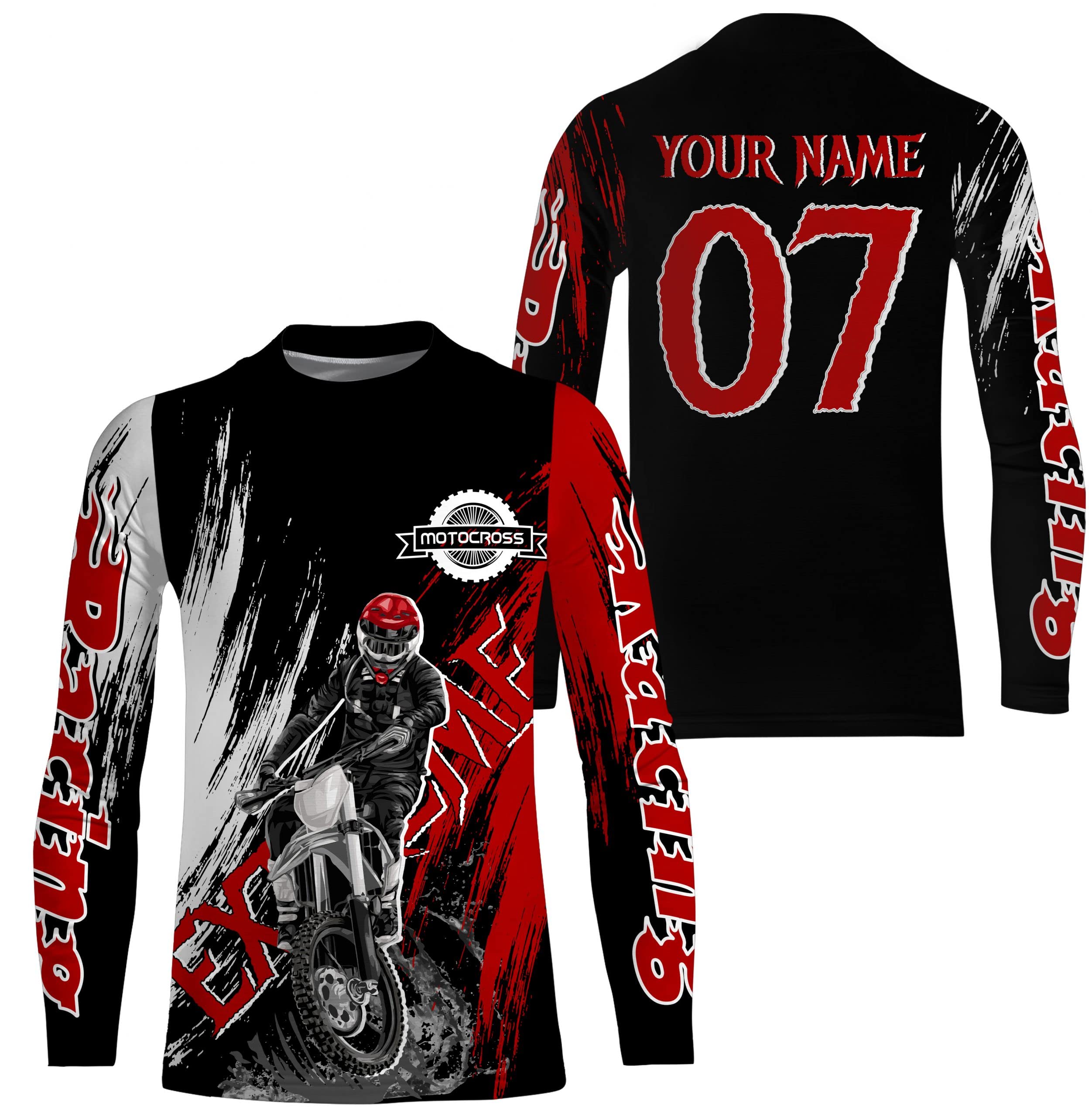 Extreme Motocross Off-Road Jersey Black Red UPF30+ Youth Adult Custom Dirt Bike Racing Long Sleeve Shirt PDT188 4X-Large
