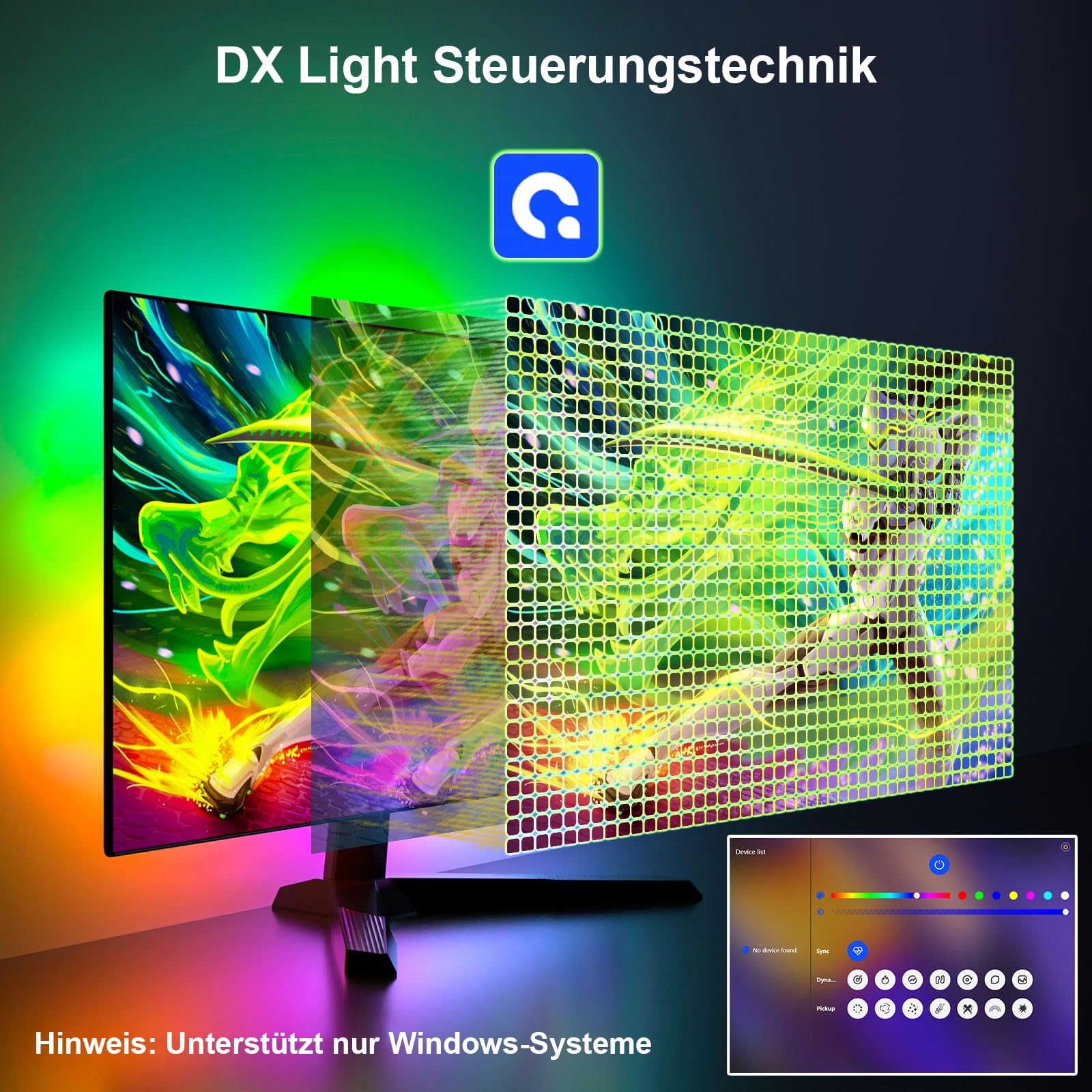 4 sides 24-27 Zoll PC Monitor Hintergrundbeleuchtung,RGBIC LED-Lichtstreifen synchron mit Bildschirmfarbe und Musik für Spiele, Filme usw., einfach zu verwenden ohne Kamera, Softwaresteuerung
