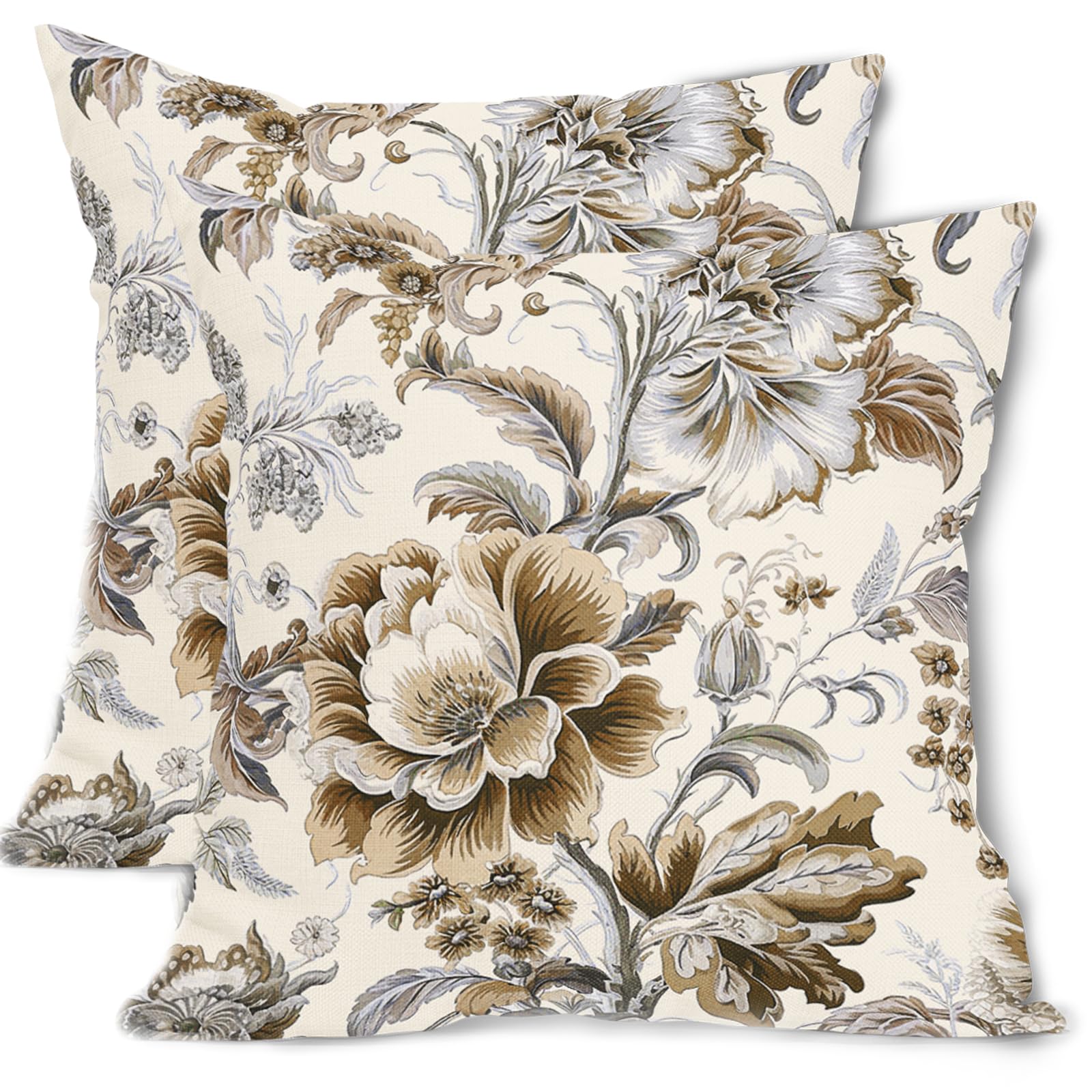 2 Federe Per Cuscini 45x45 Cm In Lino | Motivo Floreale Cineserie Primaverile | Cuscini Decorativi Per Divano, Esterni E Rustico