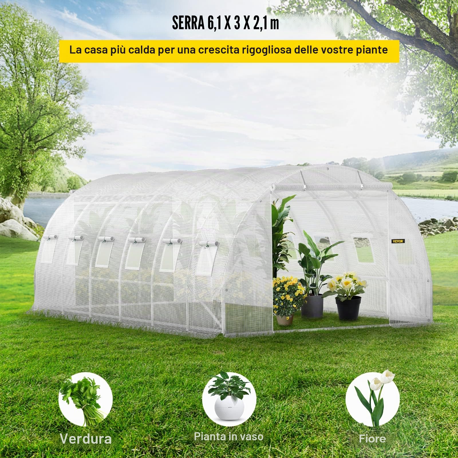 VEVOR Serra Giardino per Piante a Tunnel Impermeabile con 12 Finestre e Porte 6,1 x 3 x 2,1m, Serra a Tunnel da Esterno Impermeabile in Acciaio Zincato Copertura PE 30,6 kg,Serra a Tunnel Bianco,12107