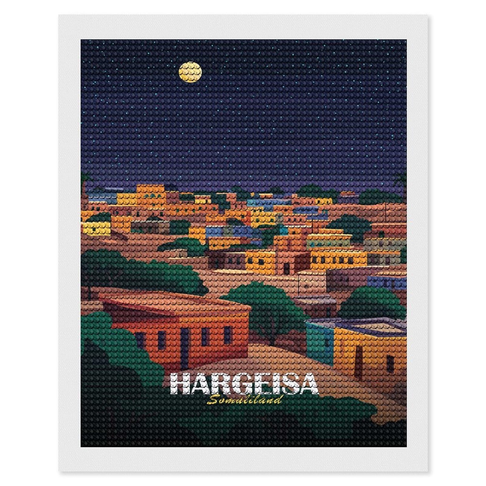 Junmoney Hargeisa Somaliland Nightscape Illustration Full Drill Diamond Painting Kit 16"x20", Mindful Craft Activity, Bedroom Decor, for Adults, Gift Idea