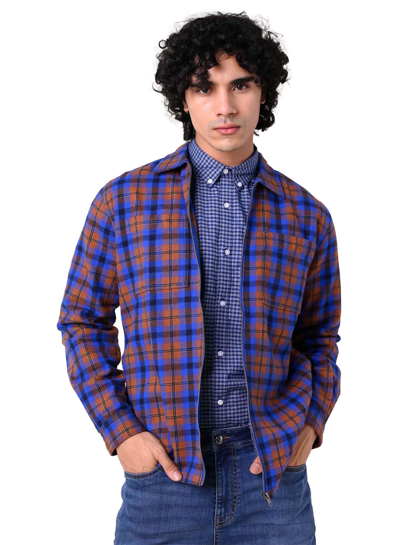 Enorsia Men's Blue Yarn Dyed Flannel Shacket - L - 100% Cotton