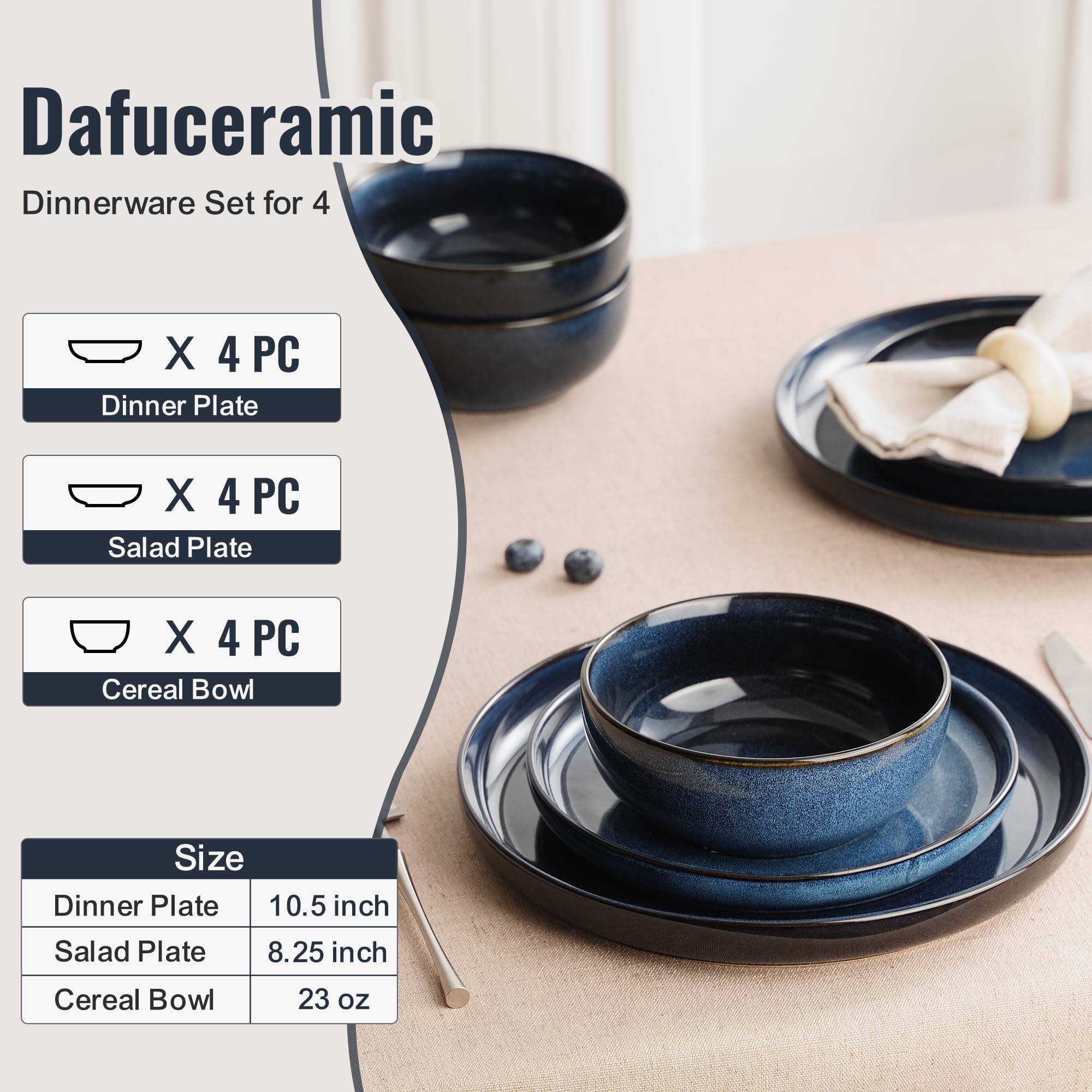 Dafuceramic Dinnerware Sets for 4,Plates and Bowls Sets,Handmade Reactive Glaze Dishes Set,Chip and Scratch Resistant Dishwasher Microwave Safe (Encore)