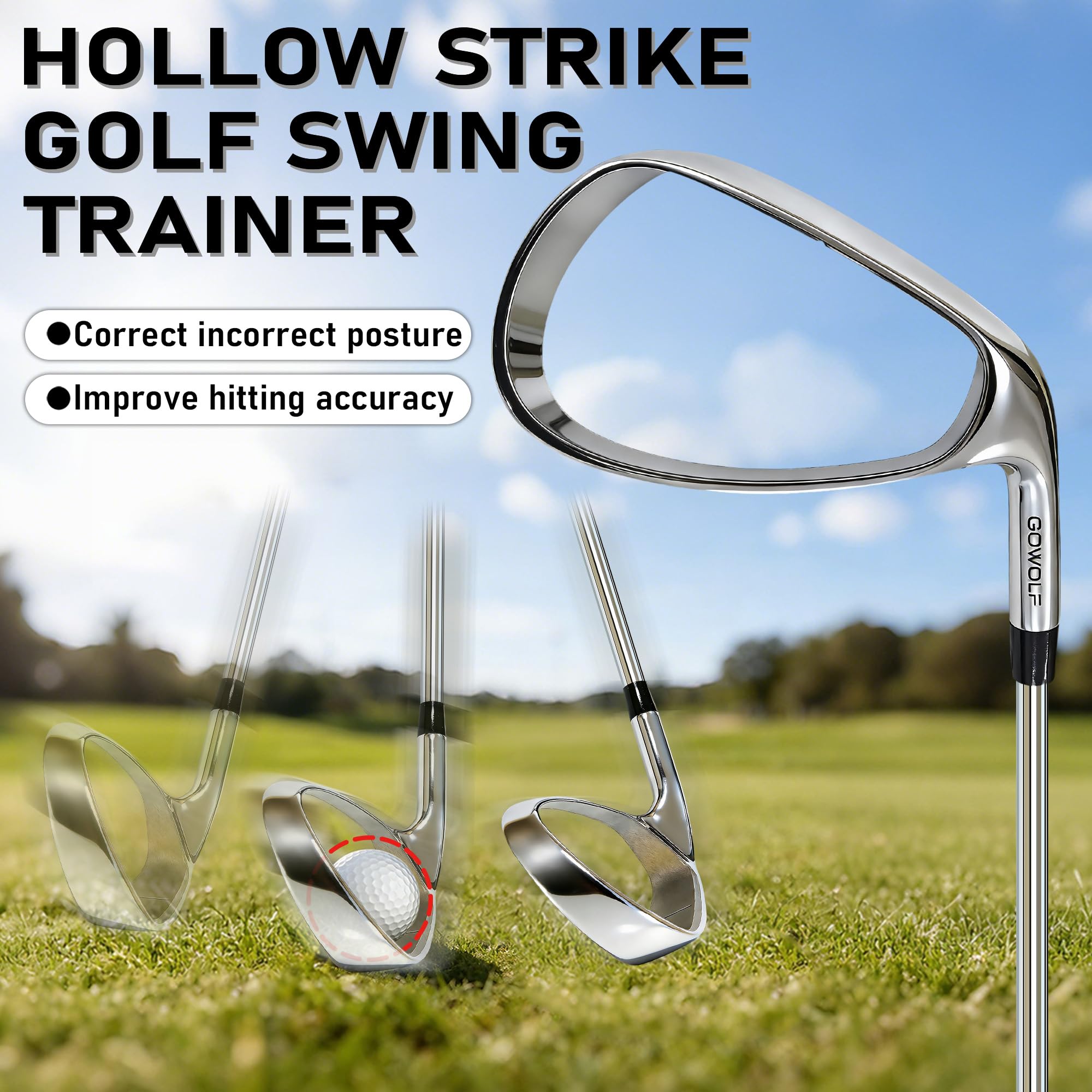 Gowolf Hollow Strike - Entrenador de swing de golf, palo de golf de entrenamiento con retroalimentación instantánea, corrige el camino de swing para golfistas diestros, ayuda de práctica de