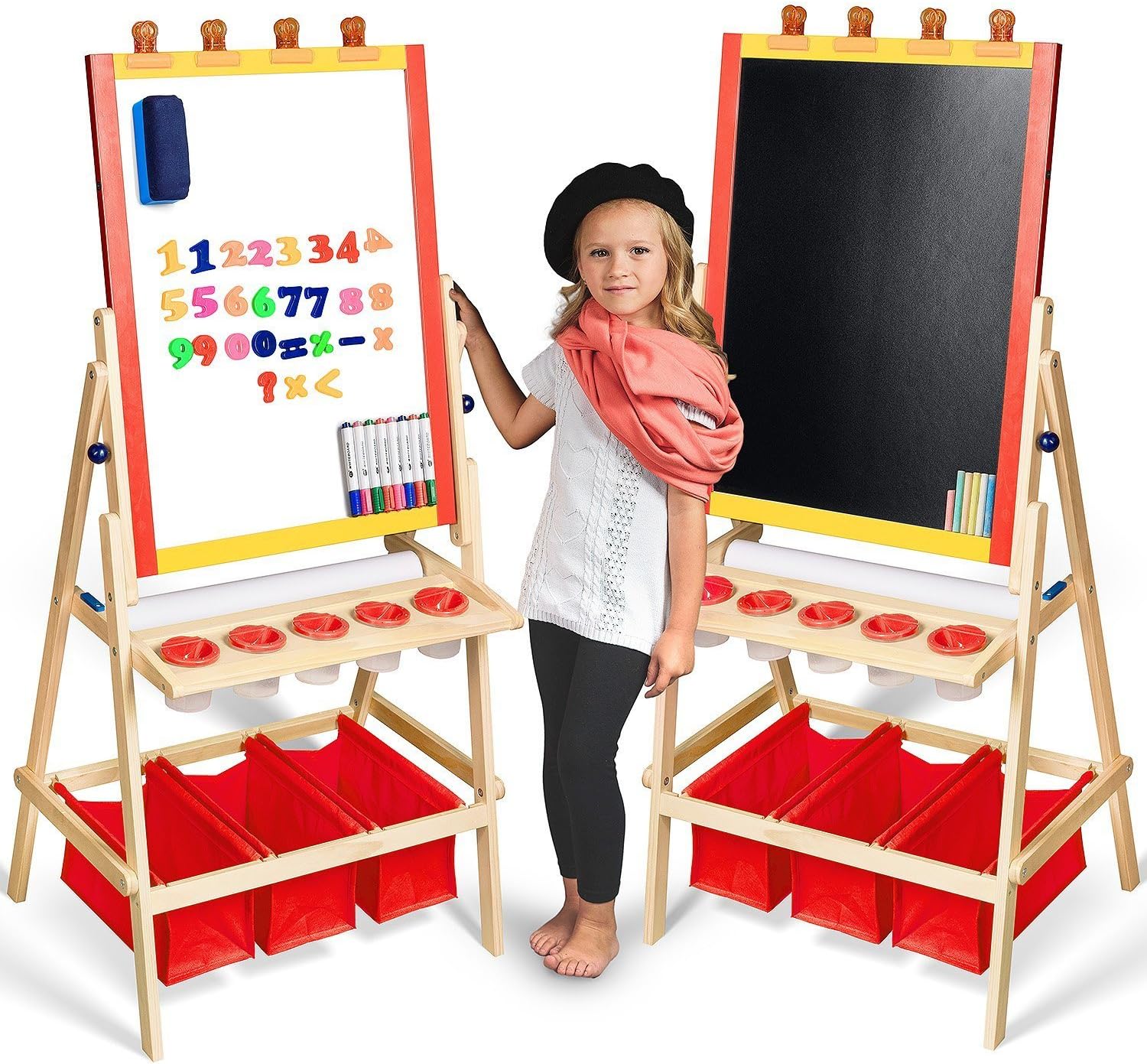 Kids Easel with Paper Roll +Free Art Supplies - Childrens Wooden Painting and Drawing Easel with Chalkboard & Magnetic Dry Erase Board with Storage