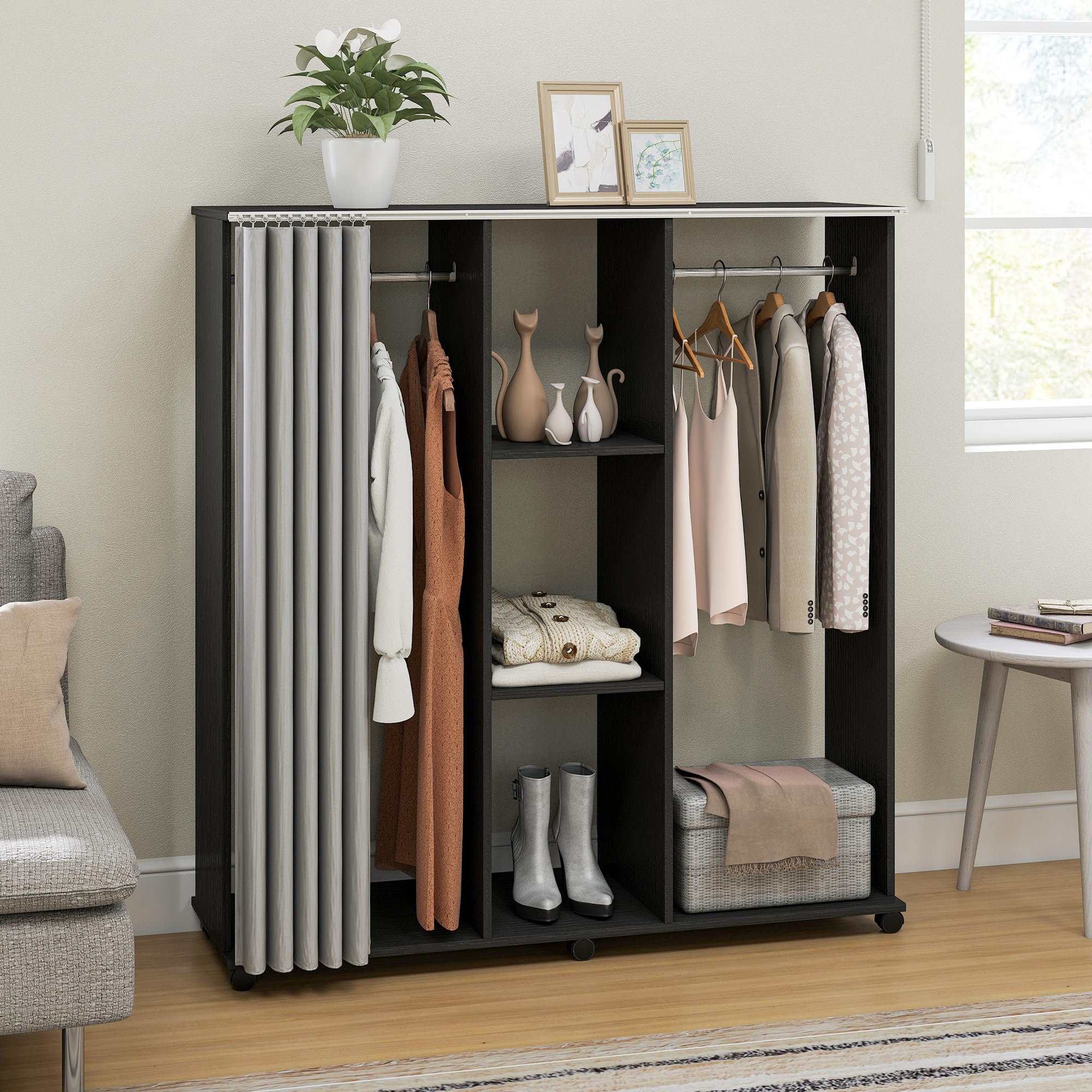 HOMCOM Armoire Penderie Mobile 6 roulettes 120x40x128cm Noir | Meuble de Rangement en Bois