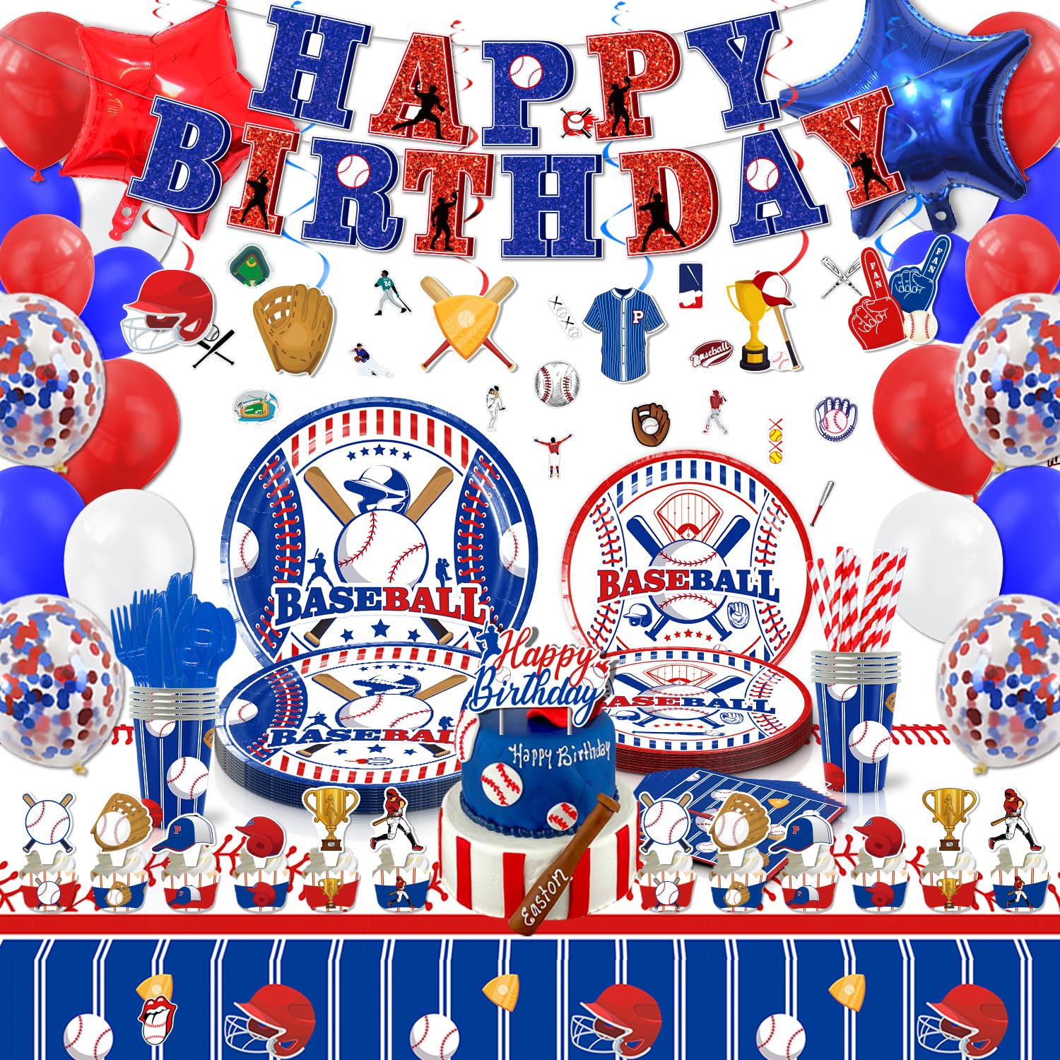 Baseball Birthday Party Supplies 207 Pcs Baseball Party Decorations for Girls Baby - Banner, Plates, Cups, Napkins, Utensils, Cake, Cupcake Toppers,