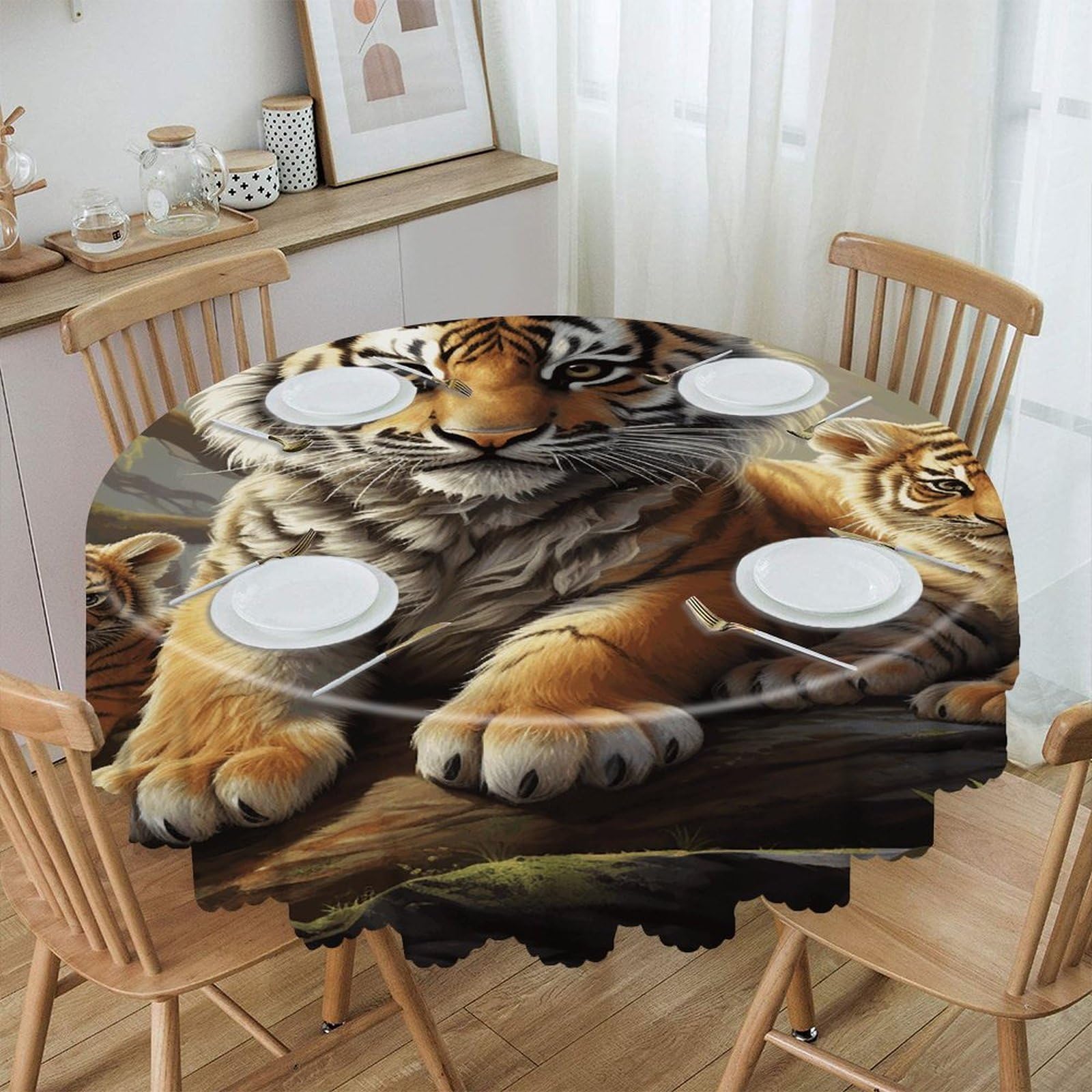 VstaDank Jungle Tigers Cub Round Tablecloth Premium Polyester Table Cloth Heavy Duty Washable Fabric Tablecloth Waterproof Holiday Table Cover Decorative Tablecloths for Dining 60"