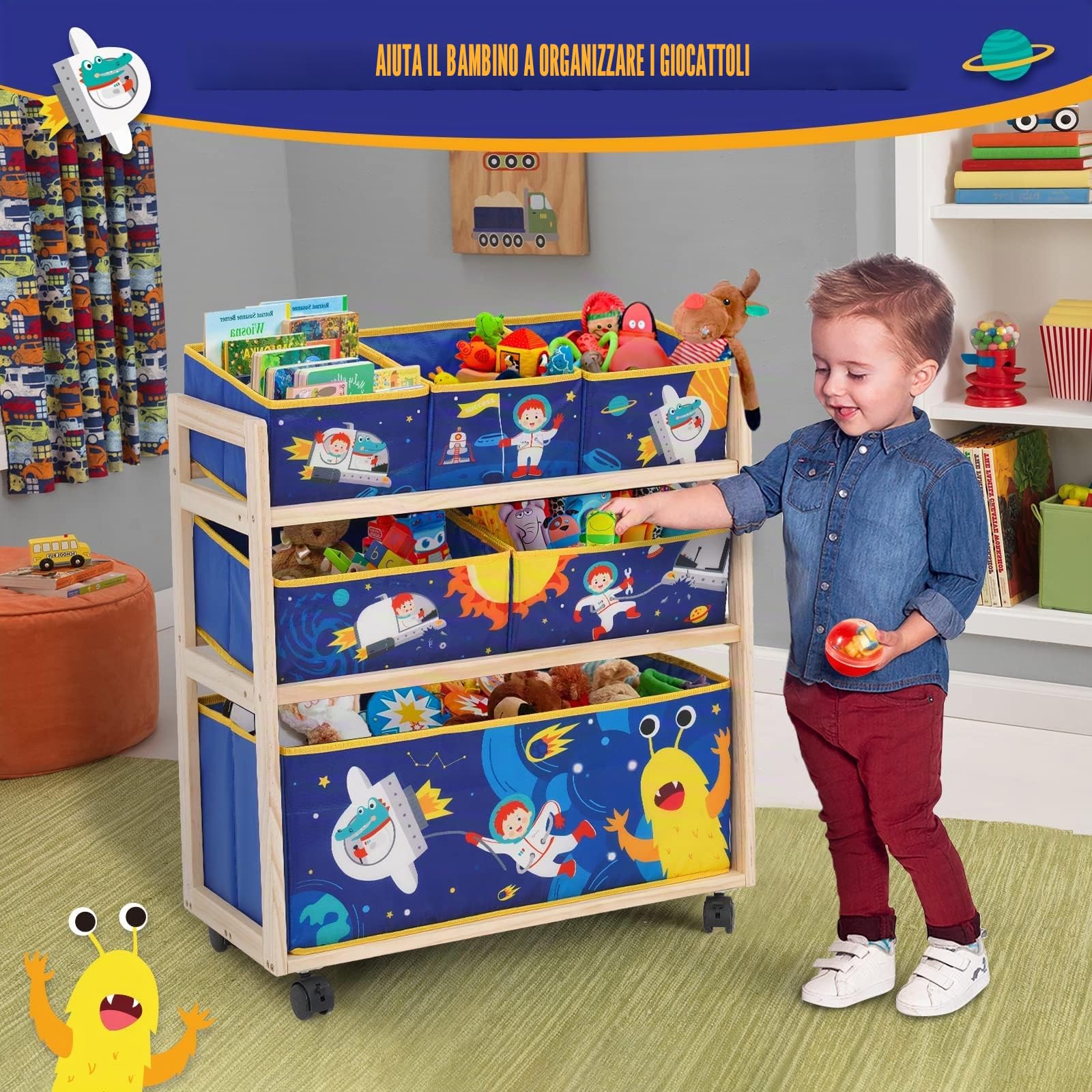 NUKied Organizzatore per Giocattoli Contenitore su Ruote|Libreria per Bambini, Scaffale Multifunzionale con 6 Scatole Portaoggetti, Alta Capacità, per Camera dei Giochi, Camera da Letto, Soggiorno