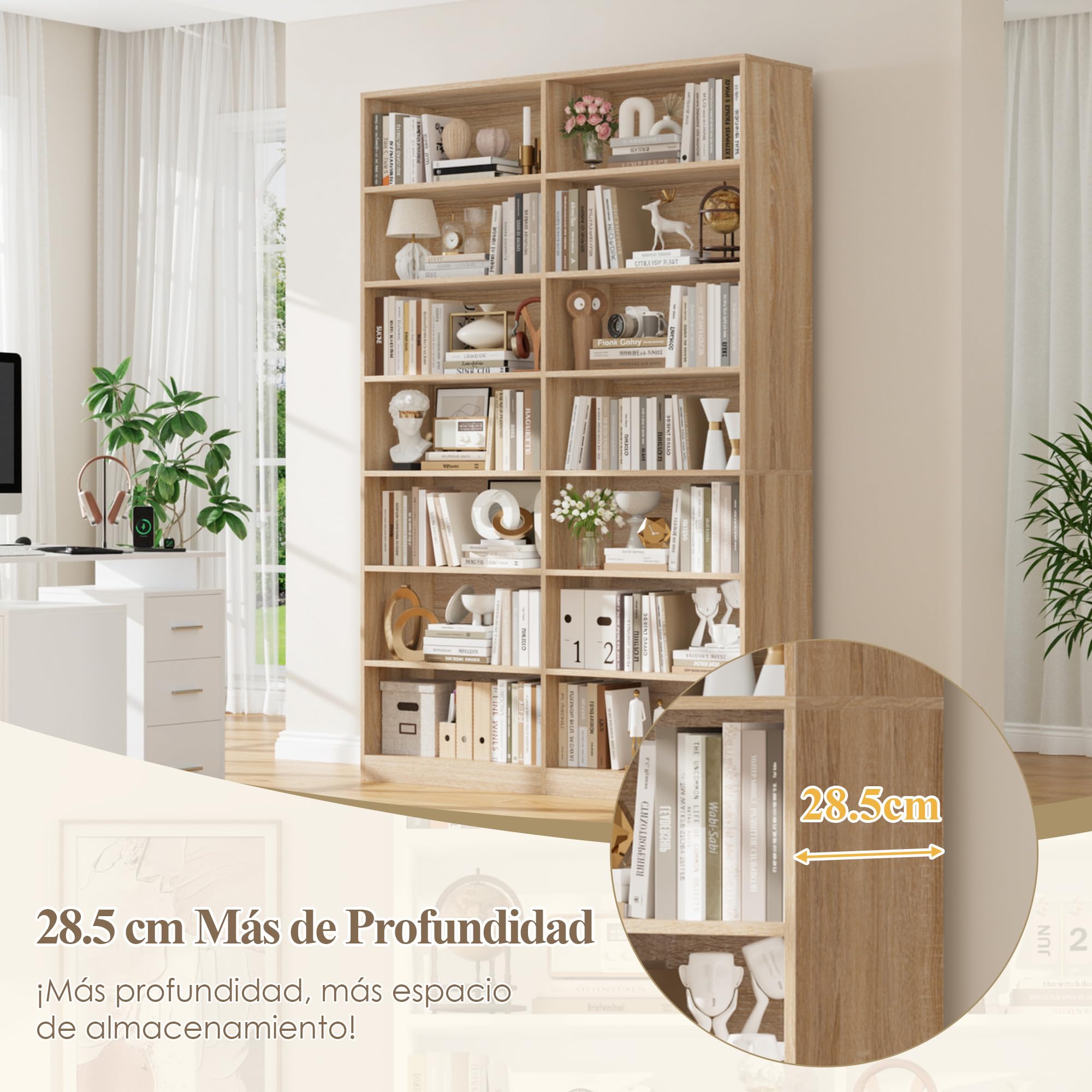 FirFurd Estantería Libros, Estantería Grande, Librería Salón, 14 Estantes | Estanterías Almacenaje Madera Alta, Libreria Estanteria para Salón Oficina Estudio 116x28.5x212cm