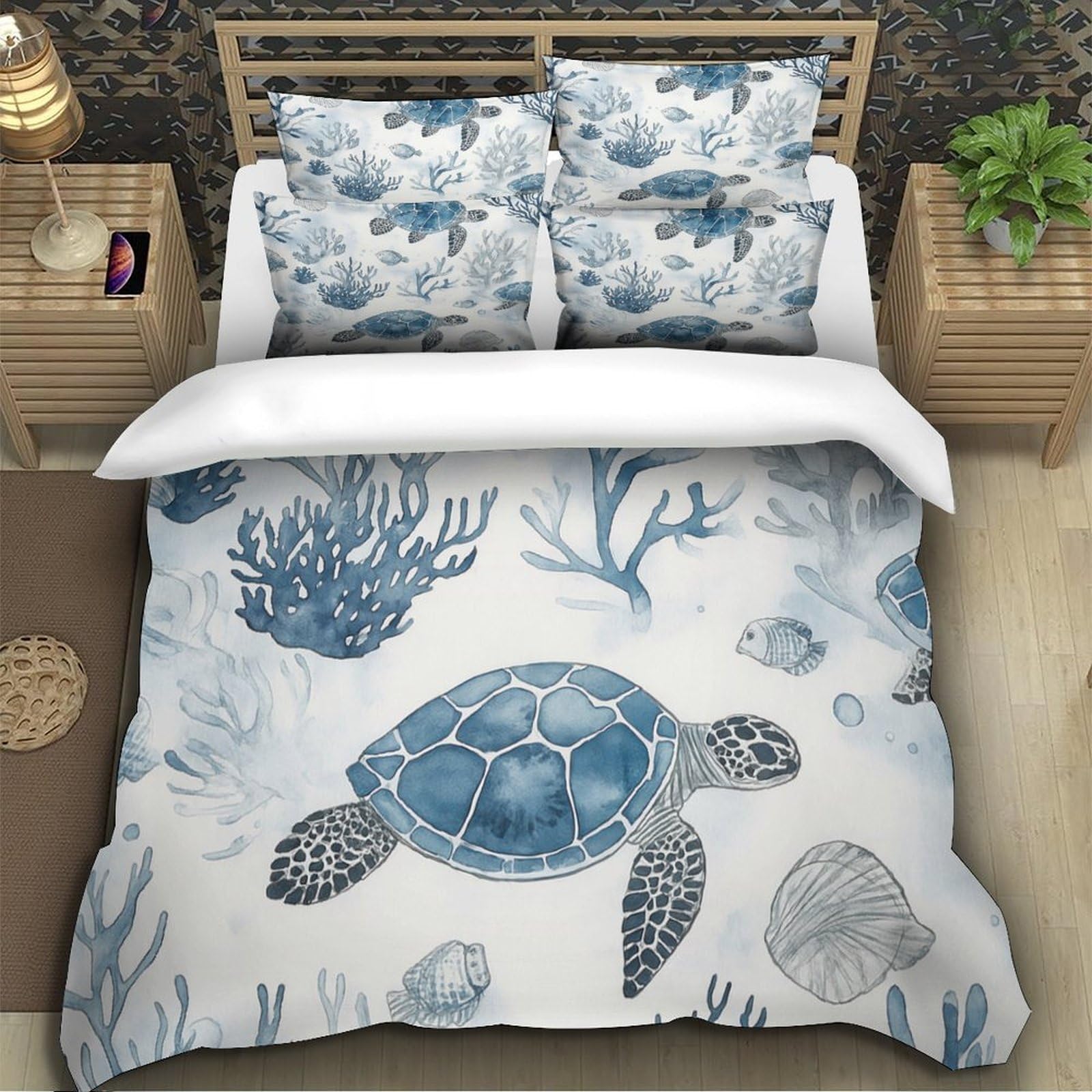 3 Piezas Microfibra de poliéster Sea Turtles Juego Fundas Edredón Estampado 3D Fundas Almohada Transpirable Watercolor Océano Funda de Edredón for Familia Super King（260x220cm）