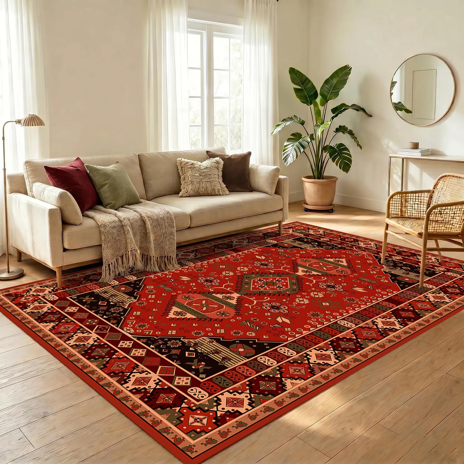 WUTONG Red Vintage Area Rug 140x200cm,Deep Burgundy Transitional Boho Style Rugs for Bedroom,Soft Short Pile Carpet for Bedroom