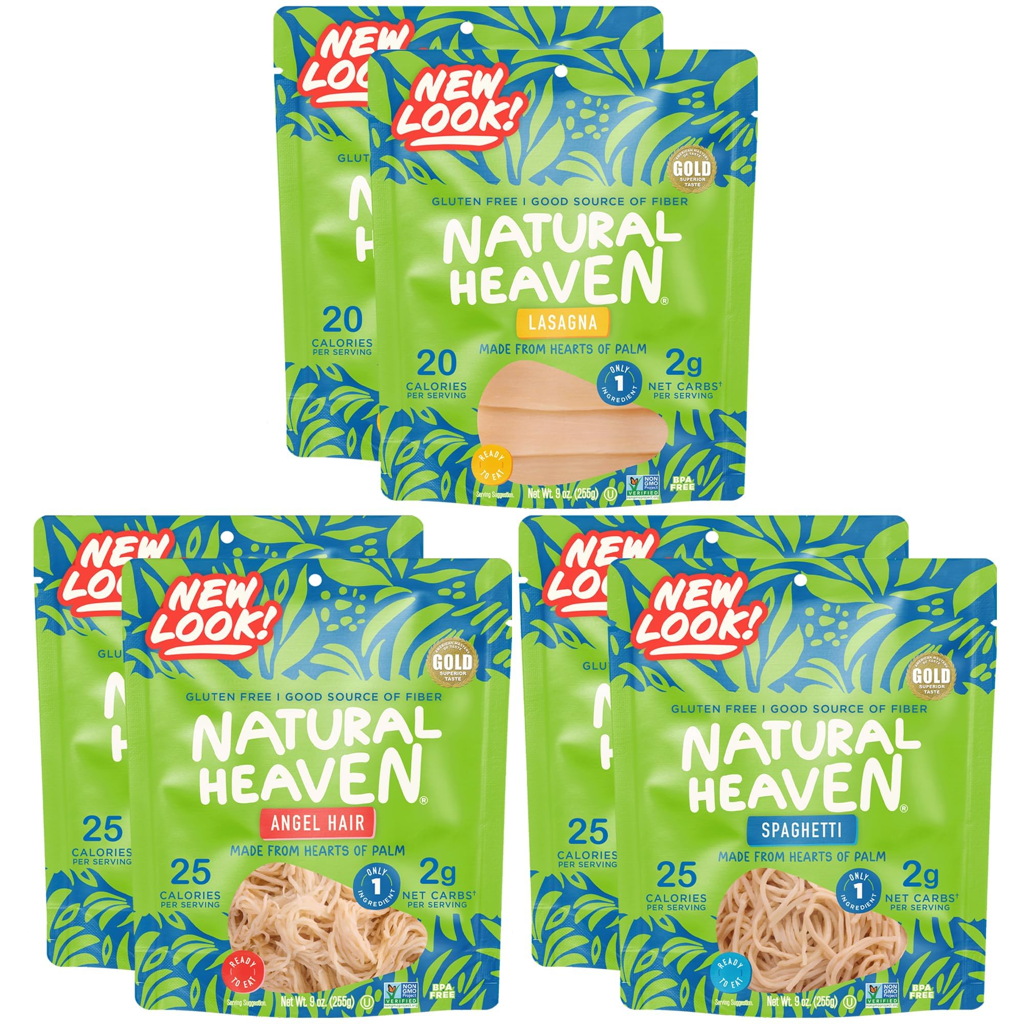 Natural HeavenHearts of Palm Pasta Variety 6-Pack – Spaghetti Noodles, Angel Hair, Lasagna, Low-Calorie, Keto & Gluten-Free Food, Vegan, 9 Oz Ea