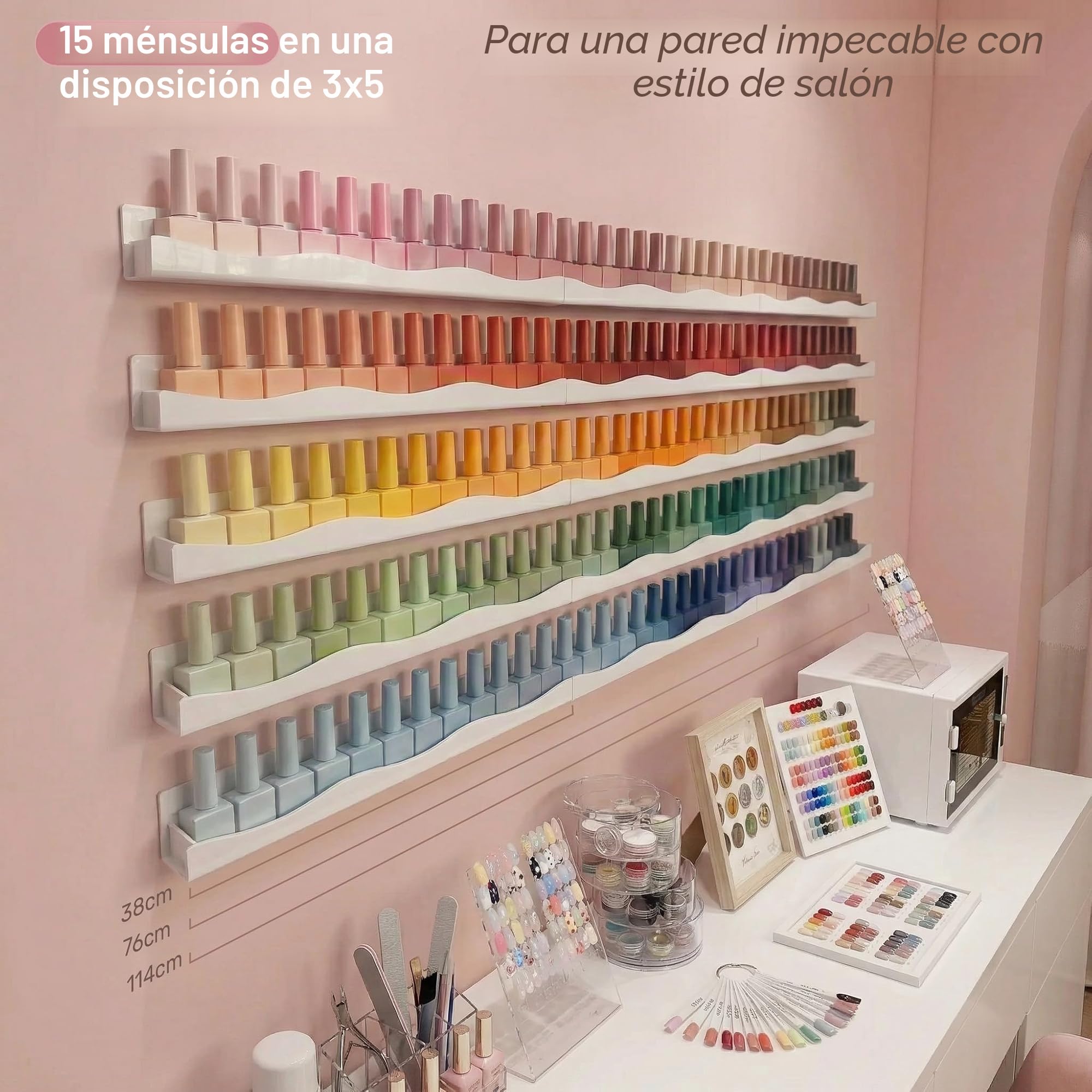 YMVV Estantes de esmalte de uñas de 15 pulgadas, estante montado en la pared, paquete de 6 organizadores de esmalte de uñas acrílico blanco, suministros de uñas para técnicas de uñas, gran exhibición