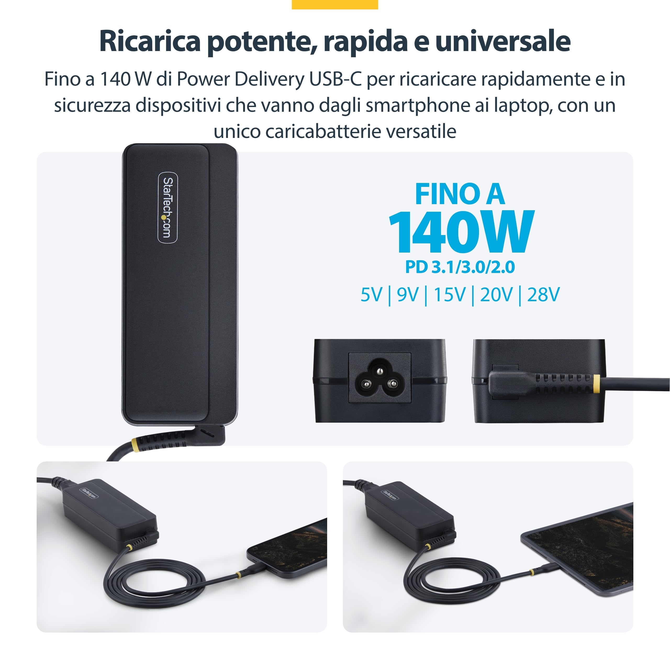 StarTech Caricatore USB-C GaN 140W, Cavo Integrato 1,2m, per MacBook e Dell | Ricarica Rapida per HP Spectre x360 e Altri Notebook USB-C