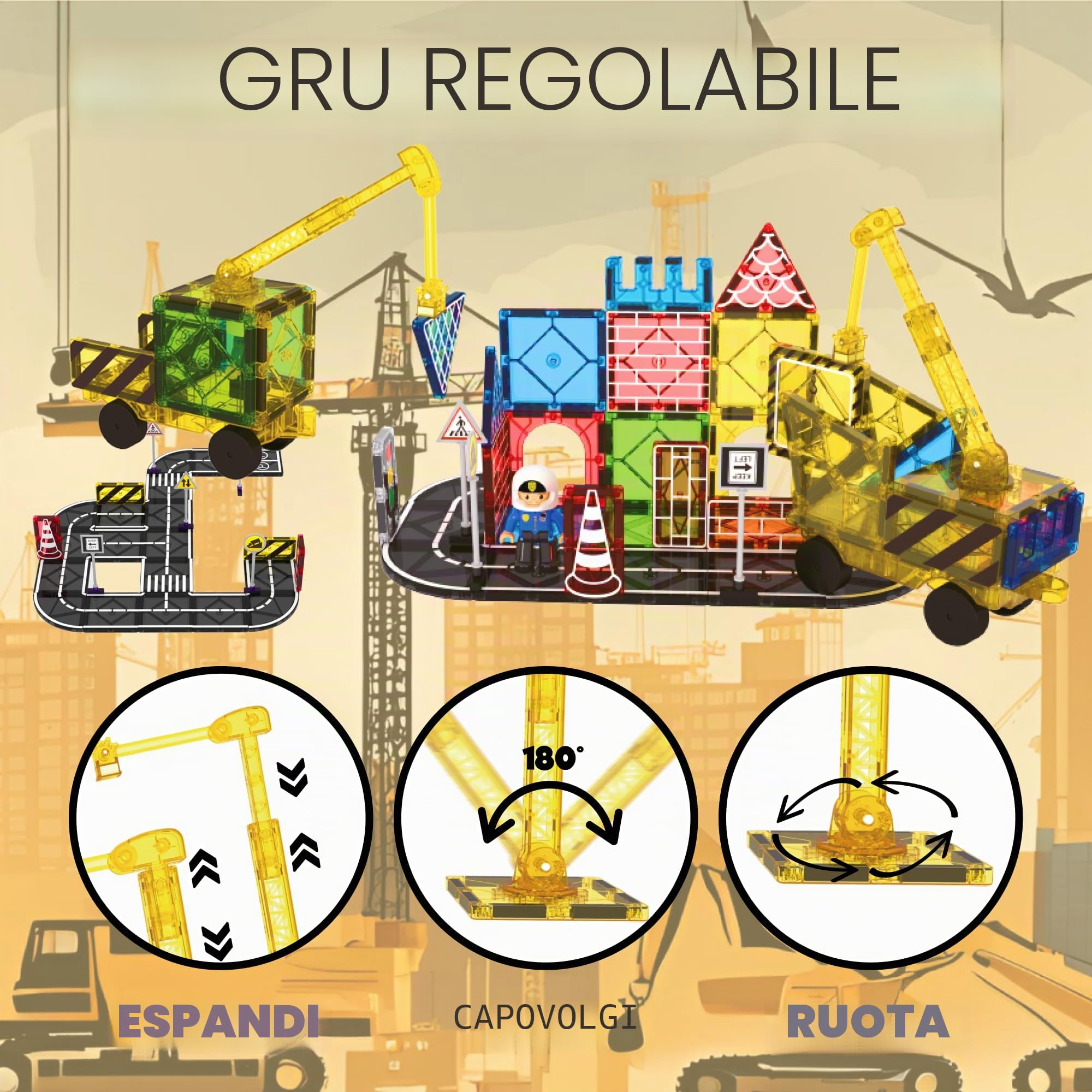 Desire Deluxe Road Magnetic Tiles - Set di Auto Gru Magnetica per Bambini, Giocattolo Educativo STEM Montessori Prescolare per Costruzioni, per Bambini e Bambine dai 3 Anni