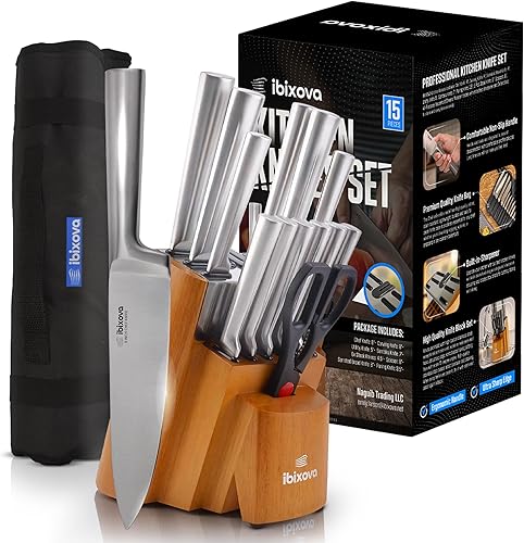 Miniatura 9 de IBIXOVA - Juego de cuchillos de cocina profesionales 2024, cuchillos de acero inoxidable de alto carbono de 15 piezas y bloque de afilado integrado,