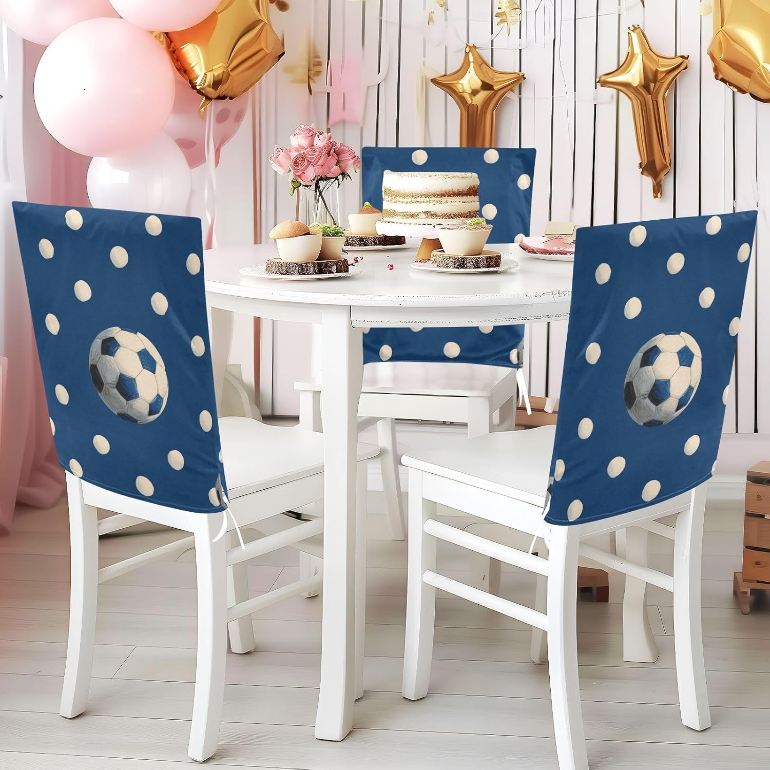 ALAZA Soccer Balls Polka Dots Blue Chair Back Cover Set of 6, Washable Reusable Removable Chair Slipcovers Decorative Chair Cover for Home Kitchen Wedding Party