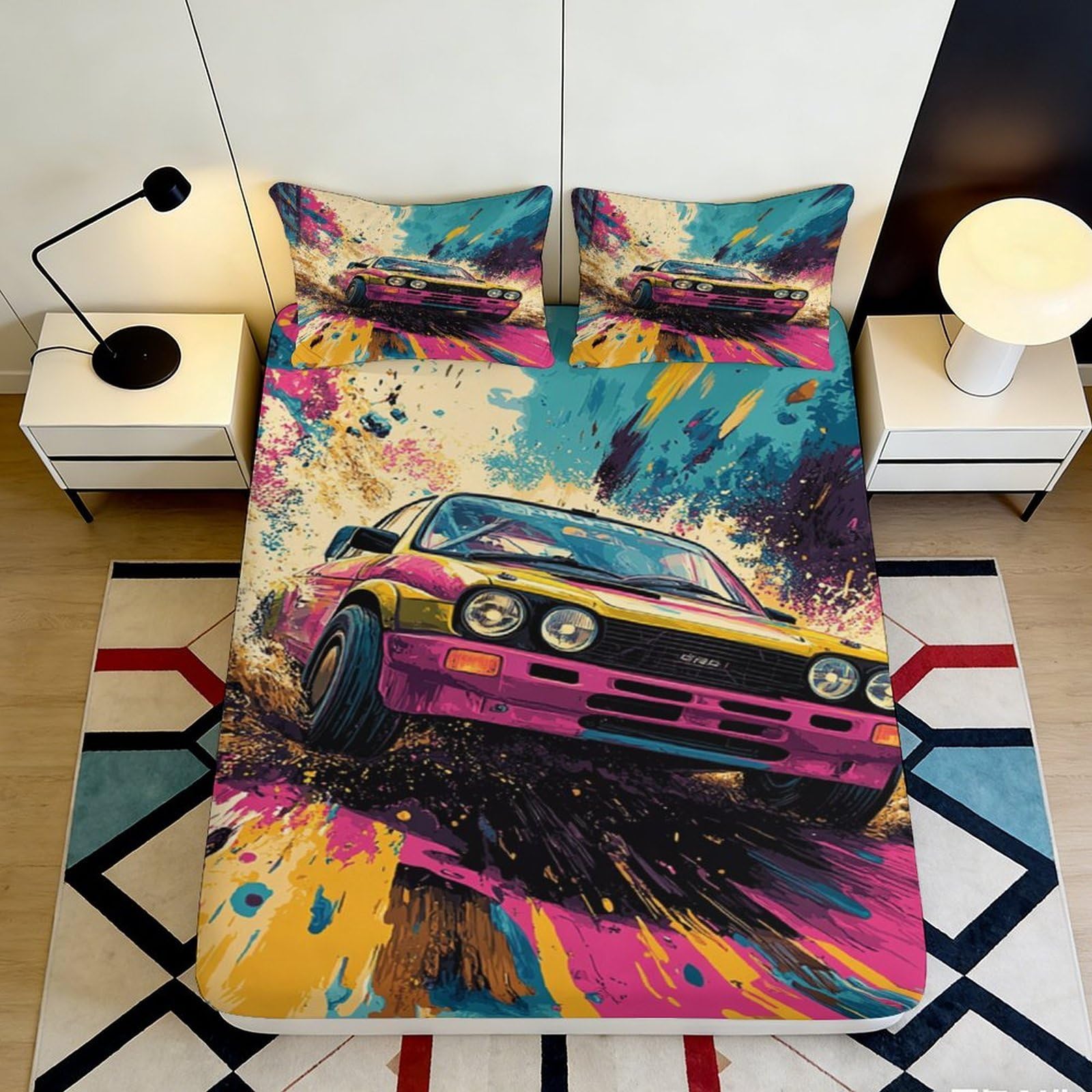 Uynsixtme Style-8 3D Printed Racing Car Fitted Sheet Microfiber Deep Pocket Full Wrap Bedroom Bedding Racing Mattress Fitted Cover Washable 140X200x25cm