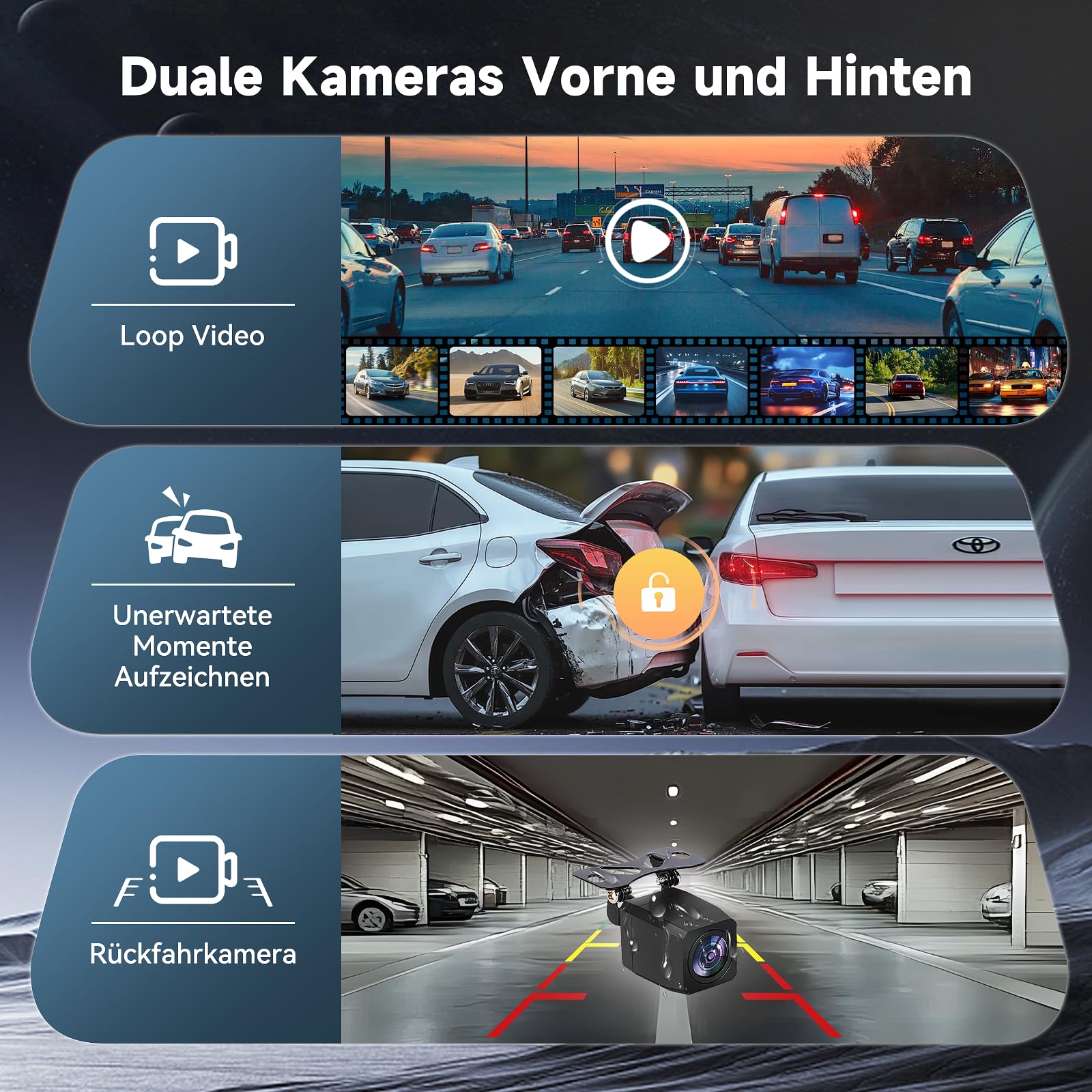 12,5 Zoll 4K Rückfahrkamera Spiegel mit Wireless CarPlay Android Auto Dashcam Einparkhilfe Navigation Bluetooth Mirror Link WDR AUX 64G SD-Karte