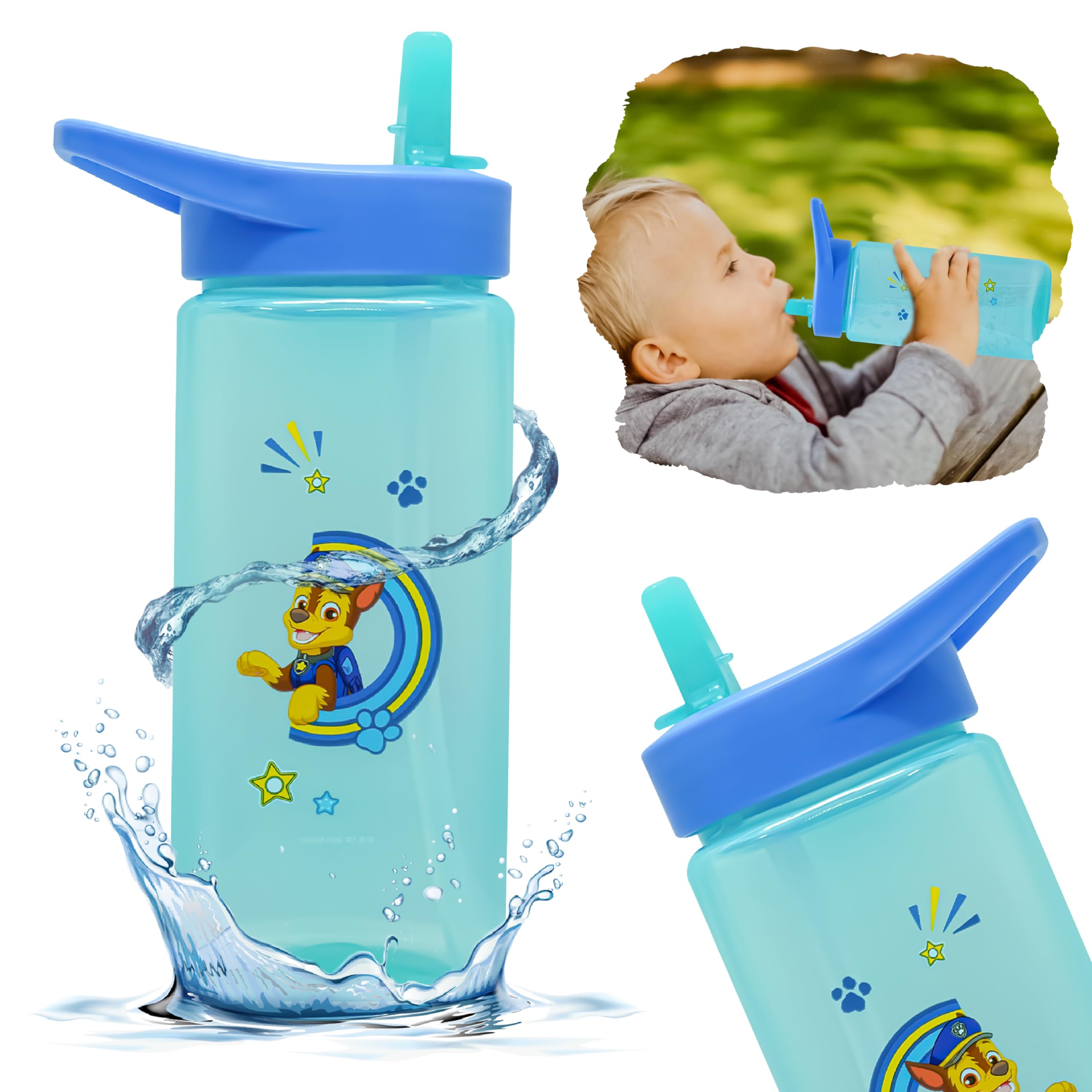 Srv Hub Boys Paw Patrol Chase Chase Paw Patrol Kids Water Bottle With Straw – 420Ml Bpa-Free Leakproof Sipper For 6+ Months – Flip Top, Easy Carry Plastic Bottle For School & Travel