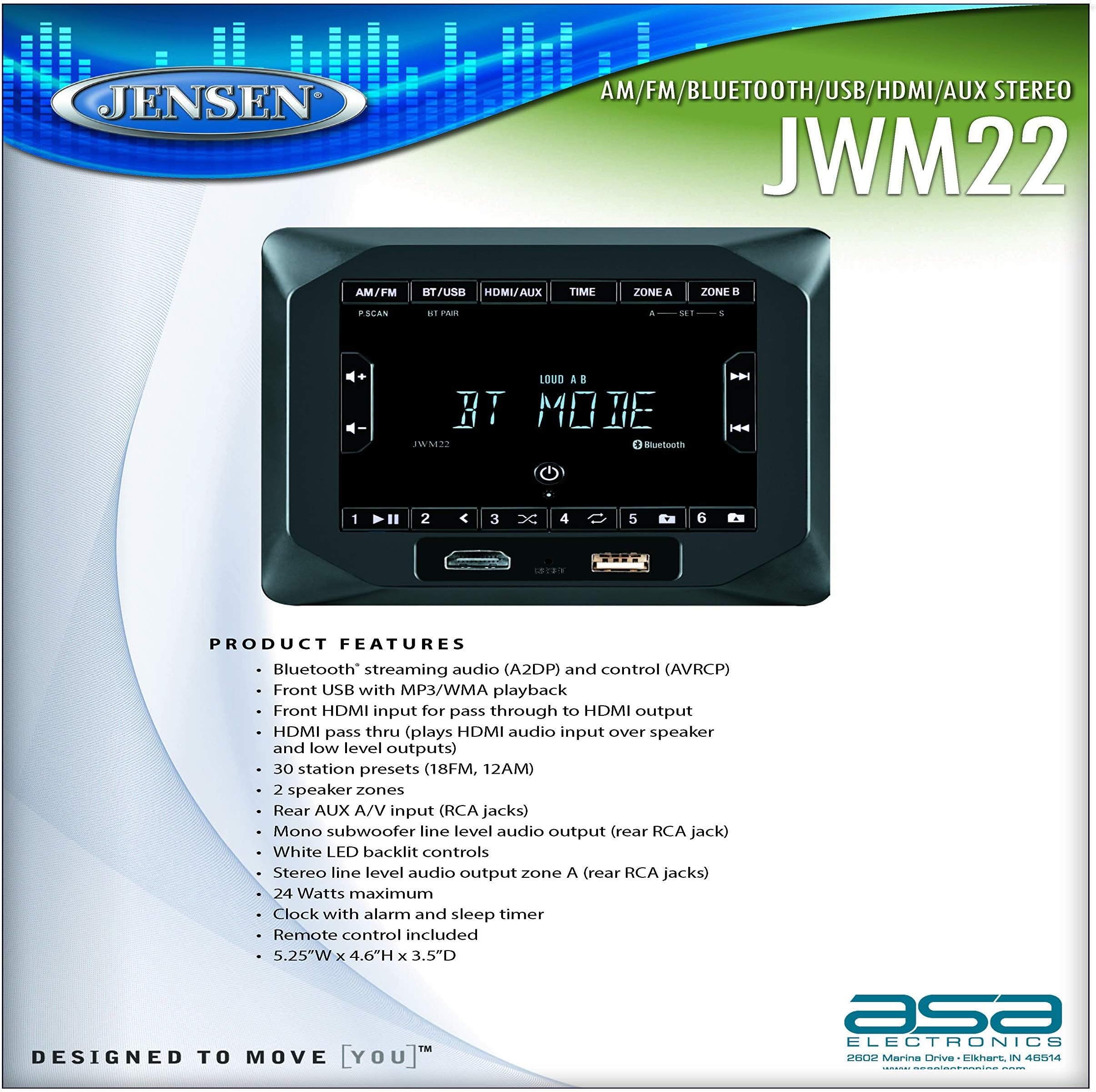 JWM22 2-Speaker Zones AM/FM|BT|HDMI|AUX Cube Wall Mount Stereo, Speaker Output 4X 6 Watt, 30 Station Presets (18FM/12AM), Receives Bluetooth Audio (A2DP) and Controls (AVRCP) from Devices