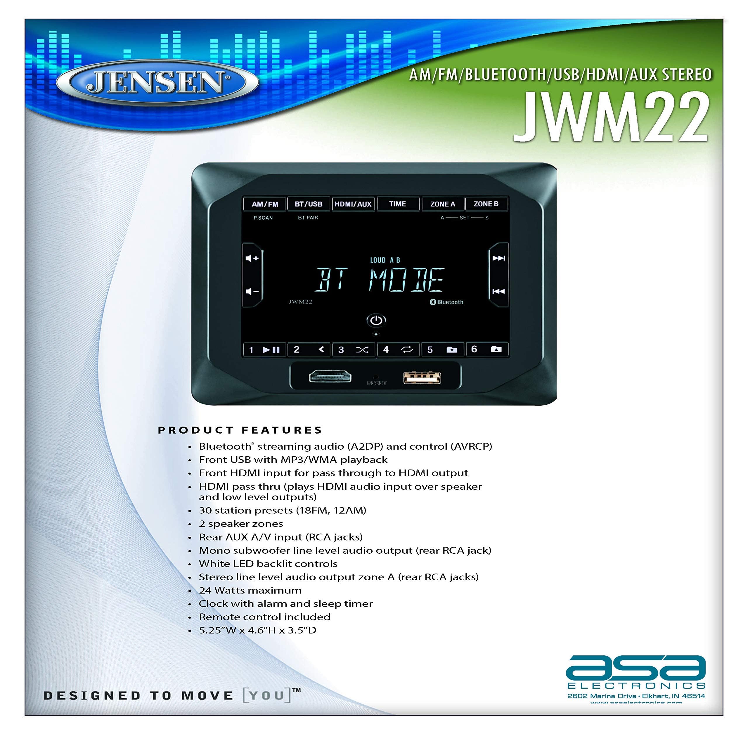 Jensen JWM22 2-Speaker Zones AM/FM|BT|HDMI|AUX Cube Wall Mount Stereo, Speaker Output 4X 6 Watt, 30 Station Presets (18FM/12AM), Receives Bluetooth Audio (A2DP) and Controls (AVRCP) from Devices