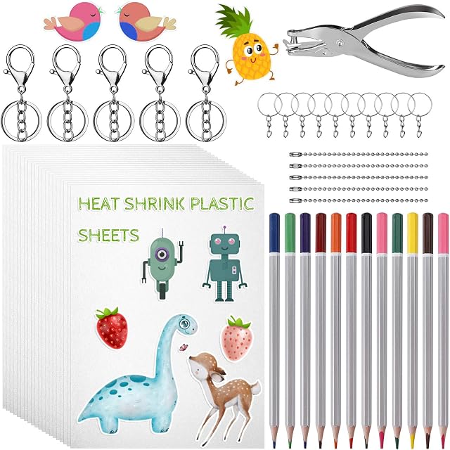 MengH-SHOP Shrink Films Papers Heat Shrink Plastic Sheets Kit with Keychains, Colored Pencils, Punch Tool for DIY Ornaments Creative Craft 53 Pack