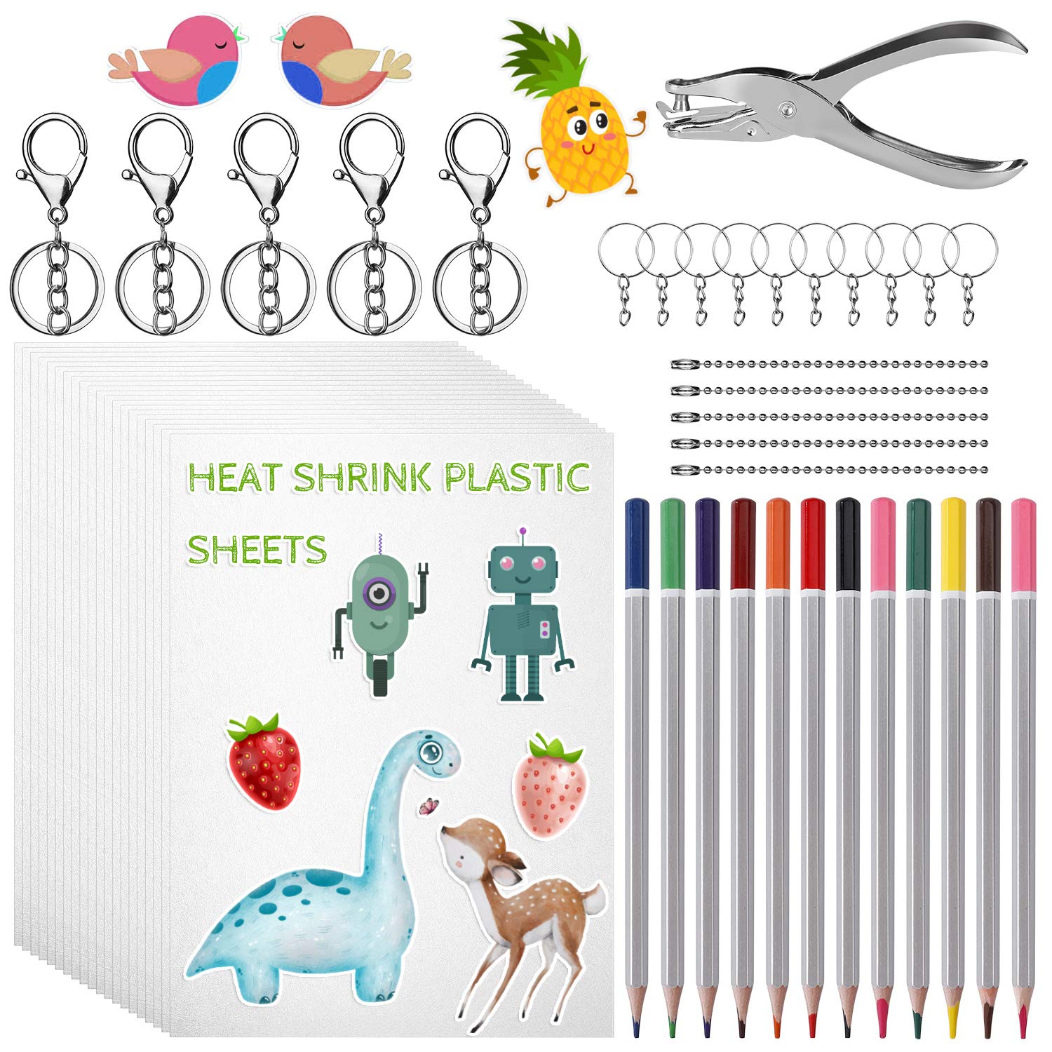 MengH-SHOPShrink Films Papers Heat Shrink Plastic Sheets Kit with Keychains, Colored Pencils, Punch Tool for DIY Ornaments Creative Craft 53 Pack