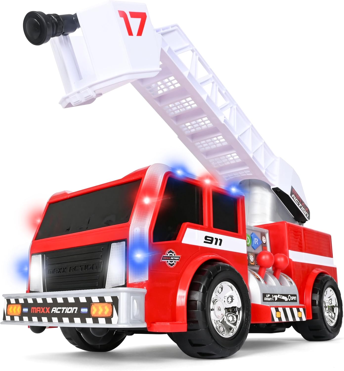 Maxx Action 2-N-1 Firetruck with Joystick Controls, Lights, Siren Sounds, Motorized Movement, and 360° Spinning Ladder - 16-Inch Rescue Toy Vehicle for Kids