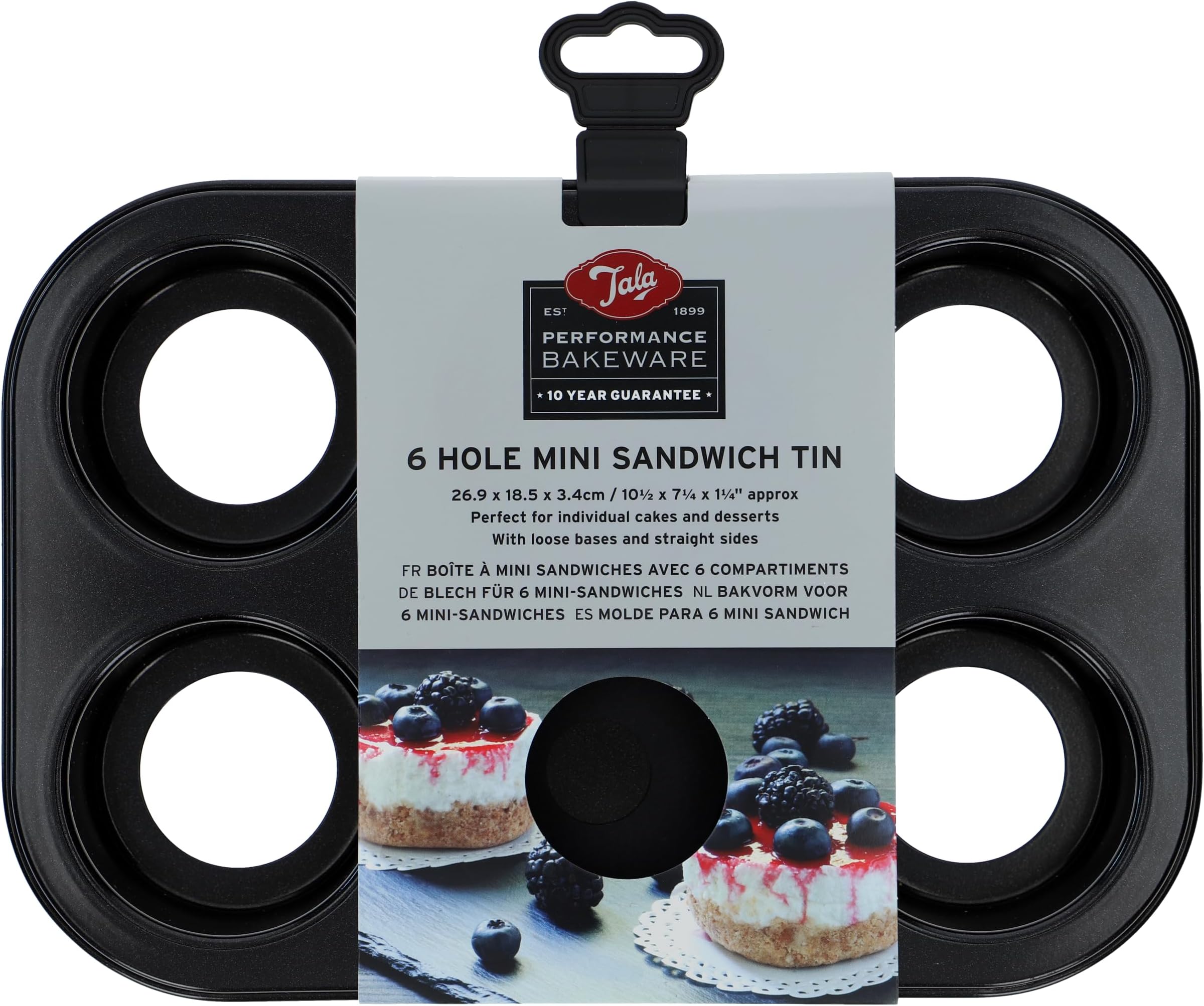 – Tala Performance 6 Cup Loose Based Mini Sandwich Pan, made from Professional Gauge carbon steel with Eclipse Non-Stick Coating; Perfect for individual cakes and cheesecakes, 26.8x18.4x3.38 cm