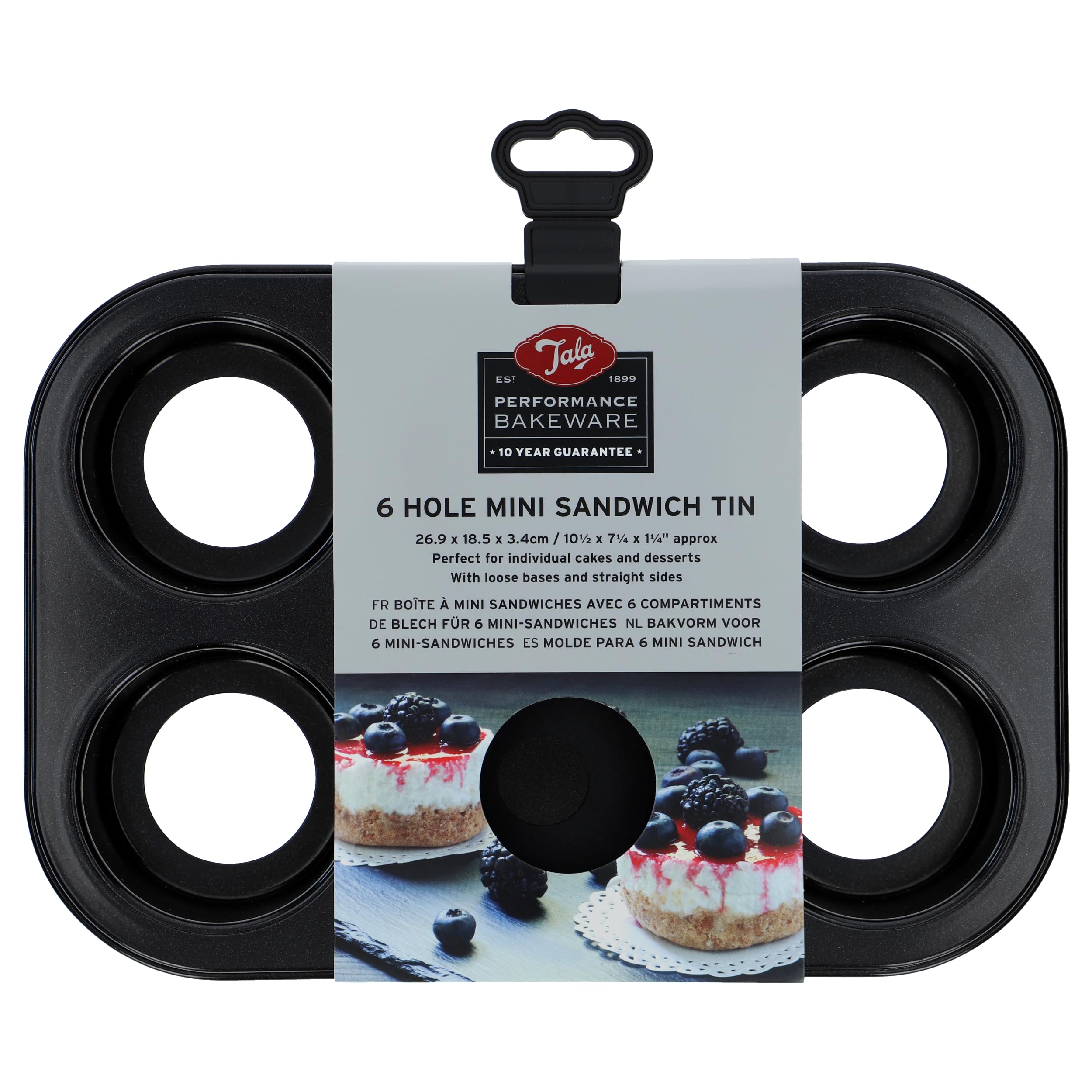 – Tala Performance 6 Cup Loose Based Mini Sandwich Pan, made from Professional Gauge carbon steel with Eclipse Non-Stick Coating; Perfect for individual cakes and cheesecakes, 26.8x18.4x3.38 cm