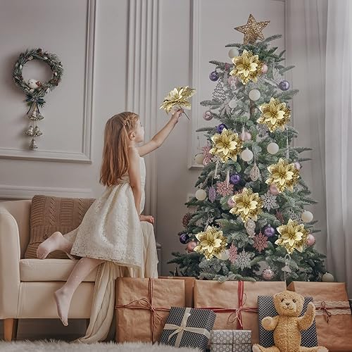 Miniatura 32 de 12 piezas de flores de Pascua artificiales de Navidad con clips y tallos, decoraciones de Navidad con purpurina para adornos de árbol de Navidad