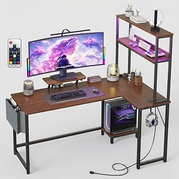 Space-Saving l-Shaped Gaming & Computer Desk – LED Lights, UK Power Outlets – Monitor Stand, Hutch, Storage Bag & CPU Shelf – Modern Gaming Table, Rustic Brown Finish